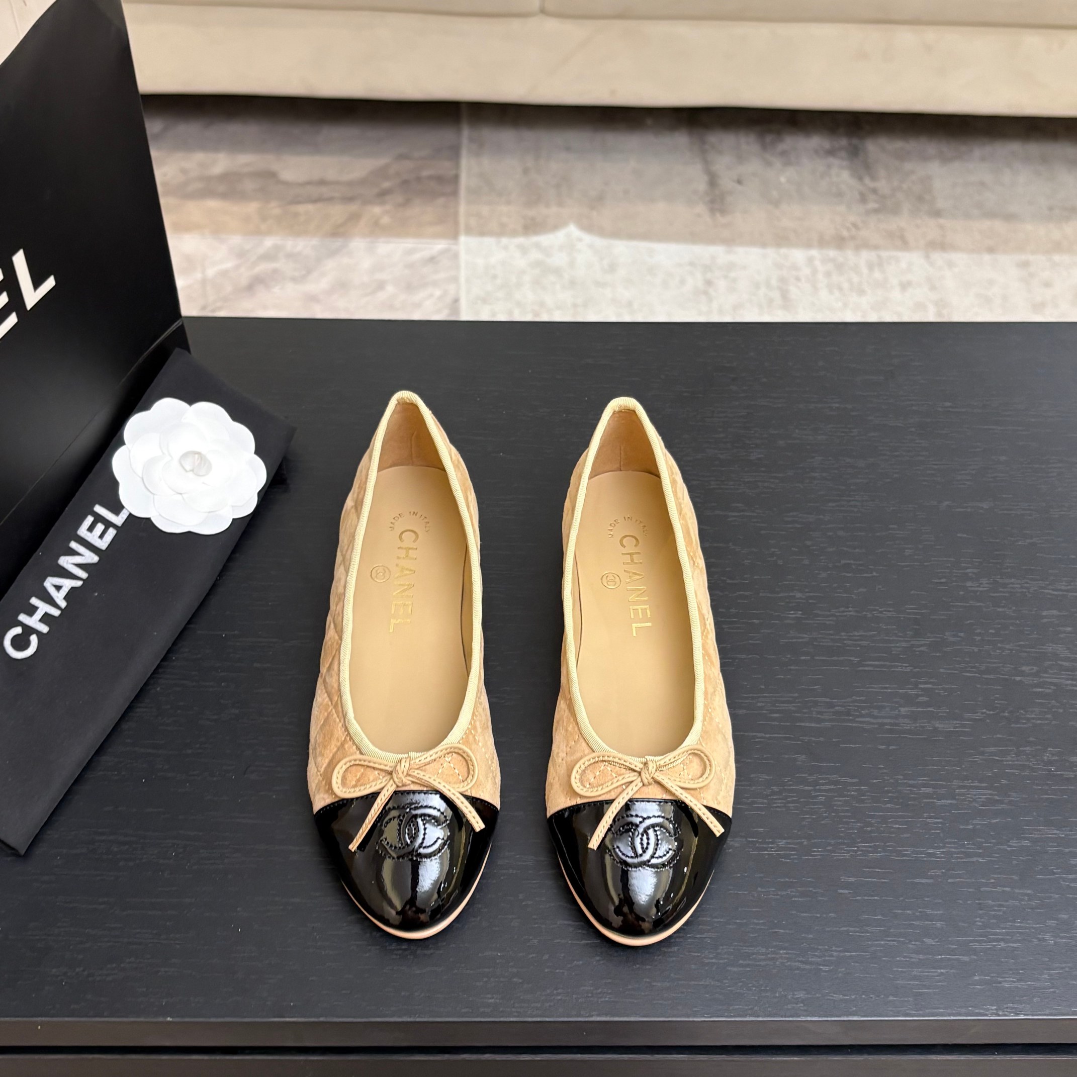 Chanel Quilted Cap-Toe Ballet Flats