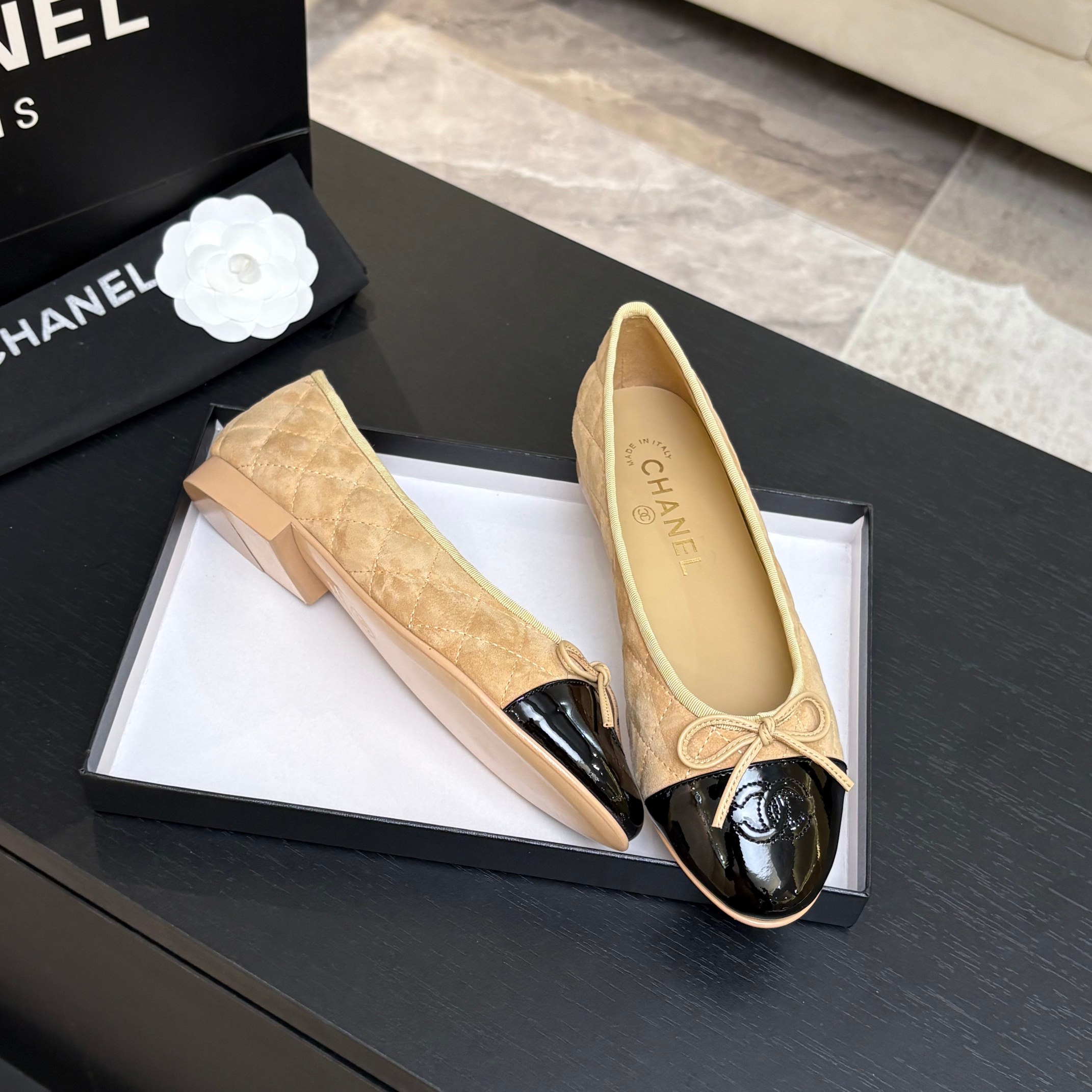 Chanel Quilted Cap-Toe Ballet Flats