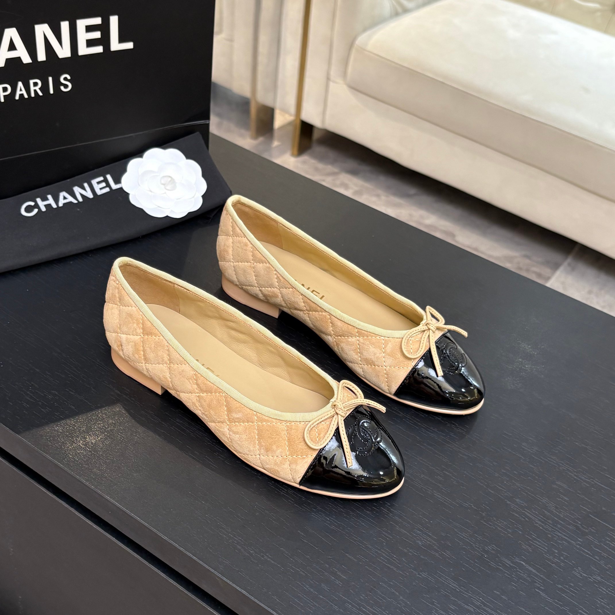 Chanel Quilted Cap-Toe Ballet Flats
