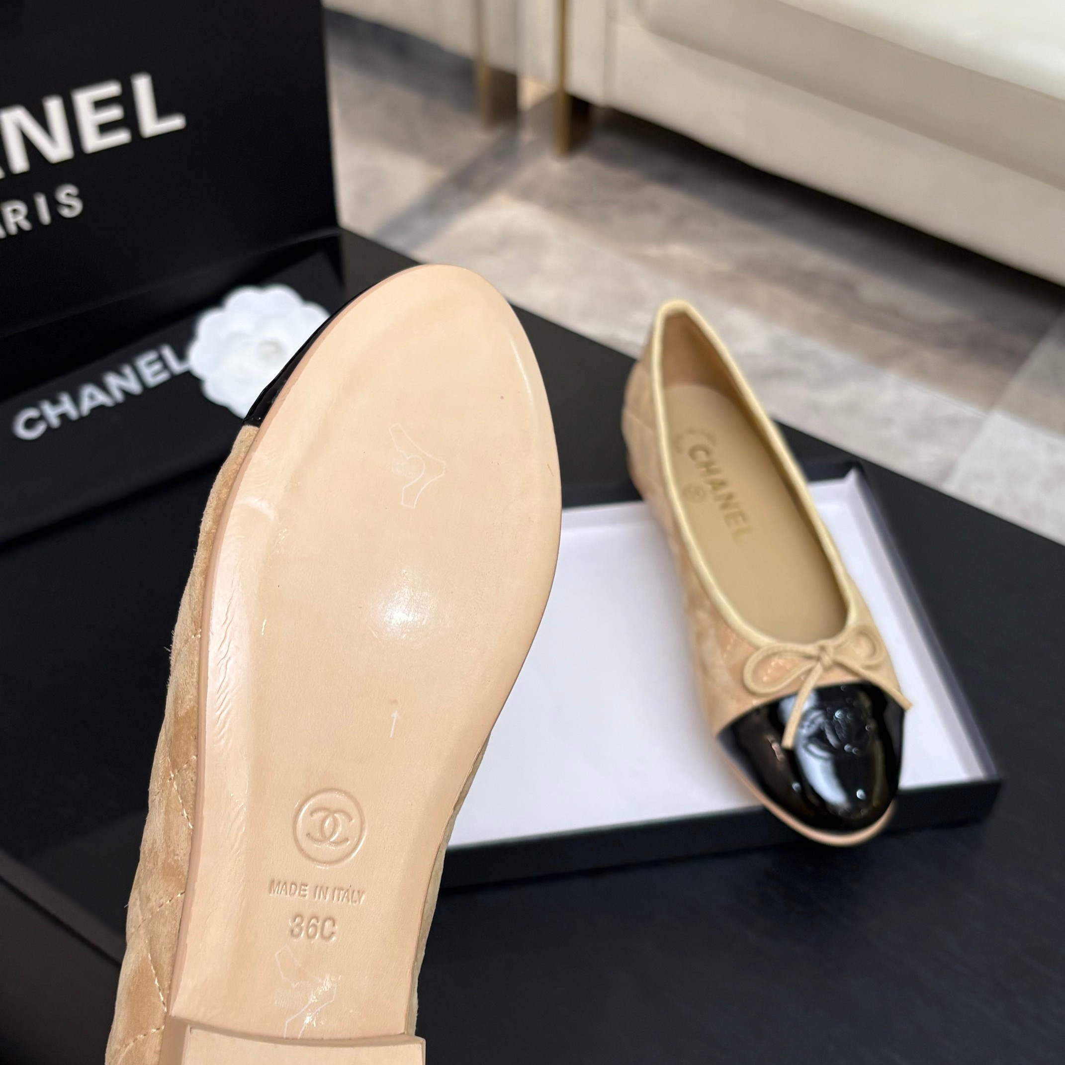 Chanel Quilted Cap-Toe Ballet Flats