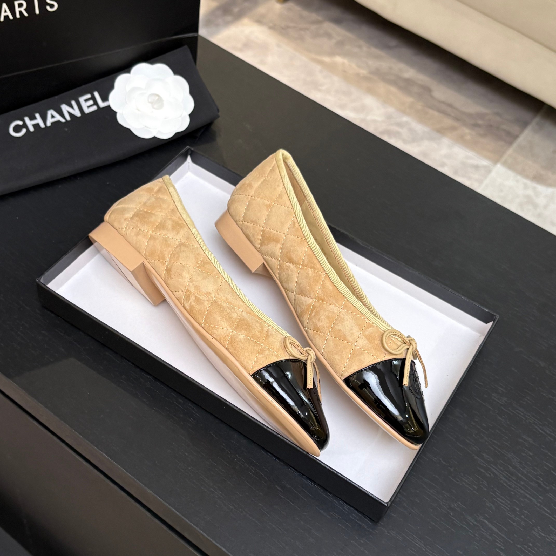 Chanel Quilted Cap-Toe Ballet Flats