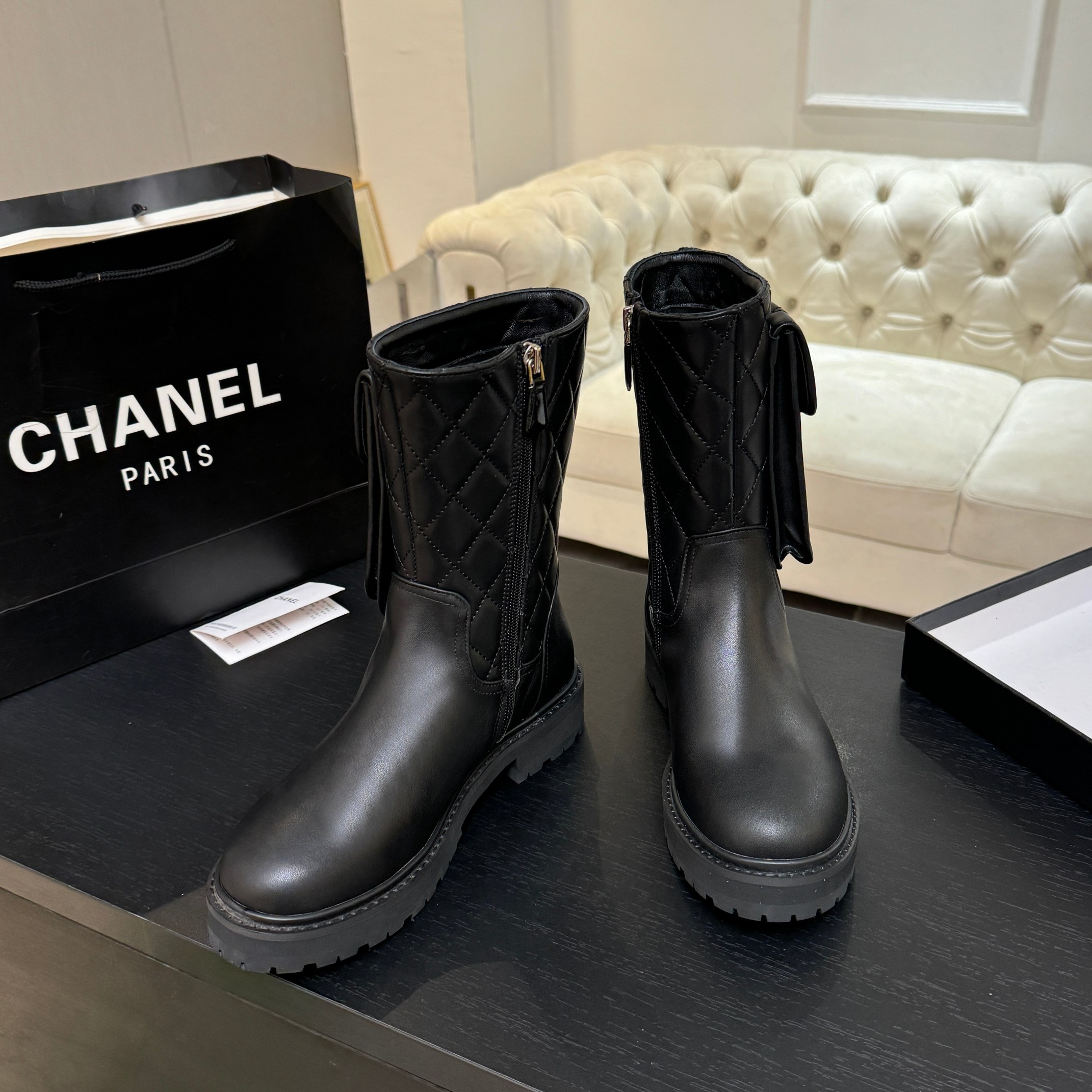Chanel Black Leather Pocket Combat Boots