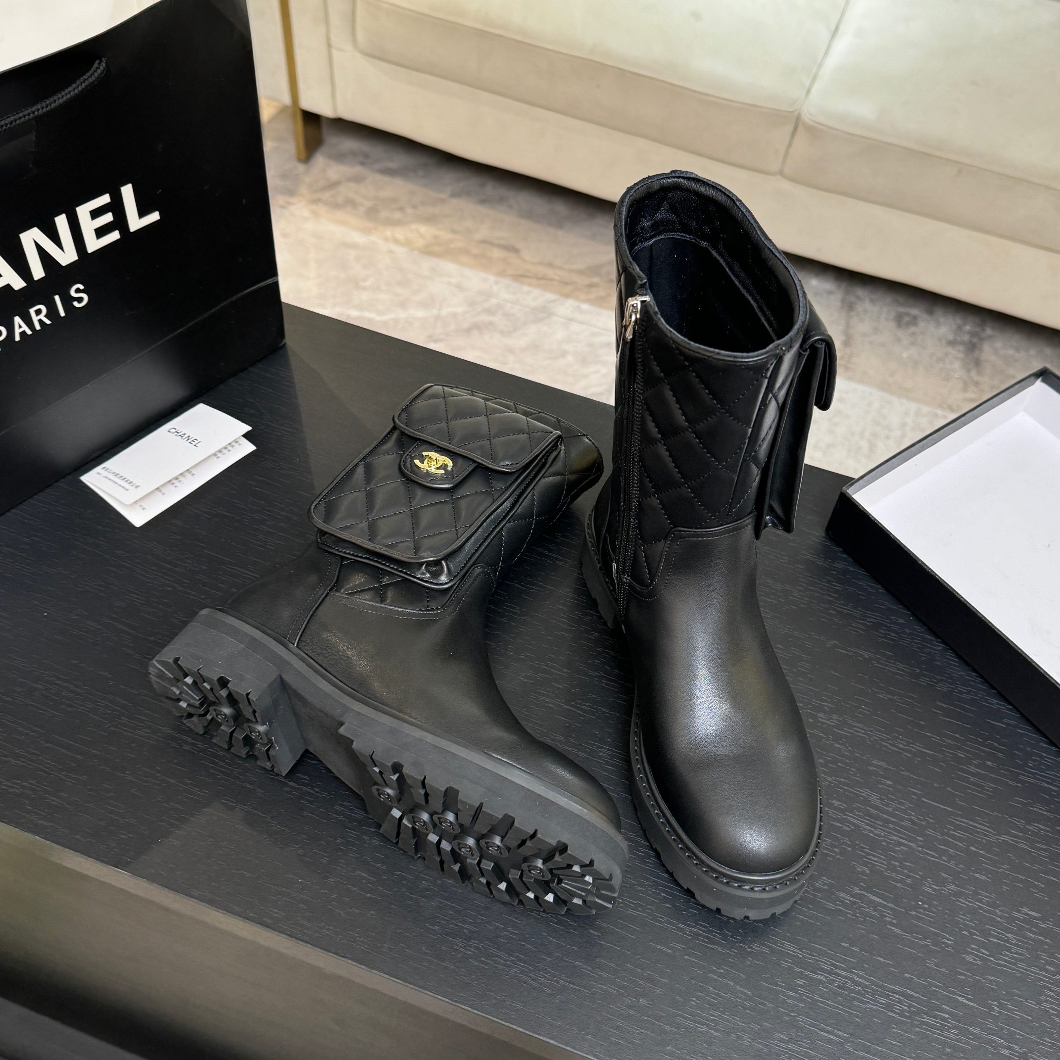 Chanel Black Leather Pocket Combat Boots