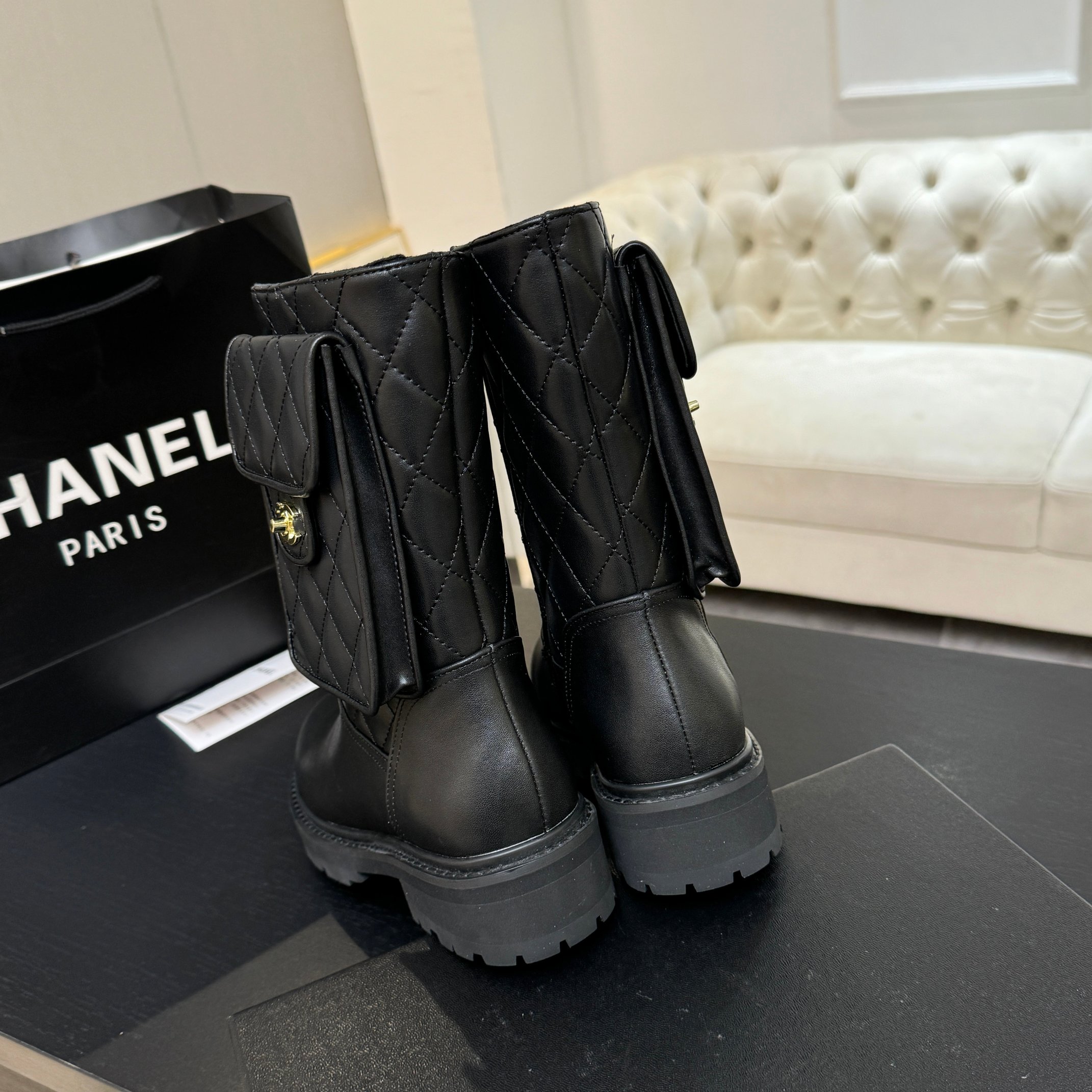 Chanel Black Leather Pocket Combat Boots