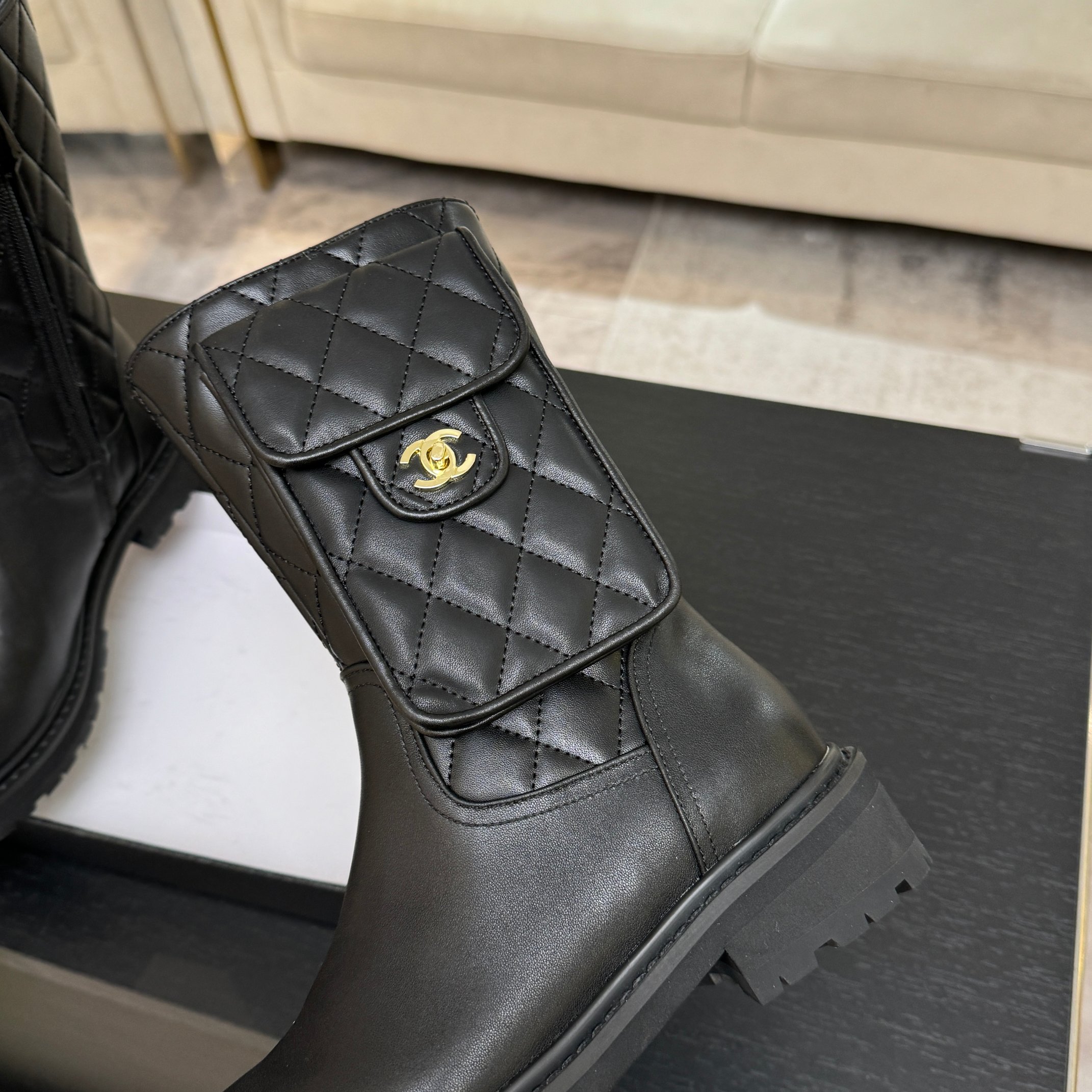 Chanel Black Leather Pocket Combat Boots