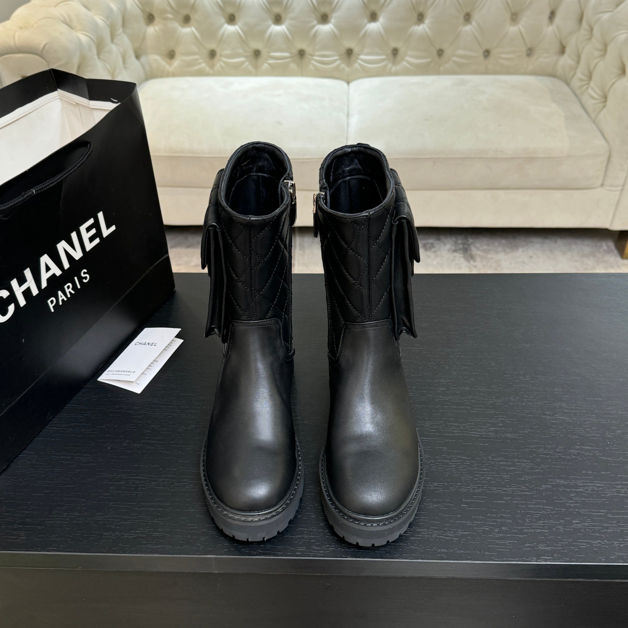 Chanel Black Leather Pocket Combat Boots