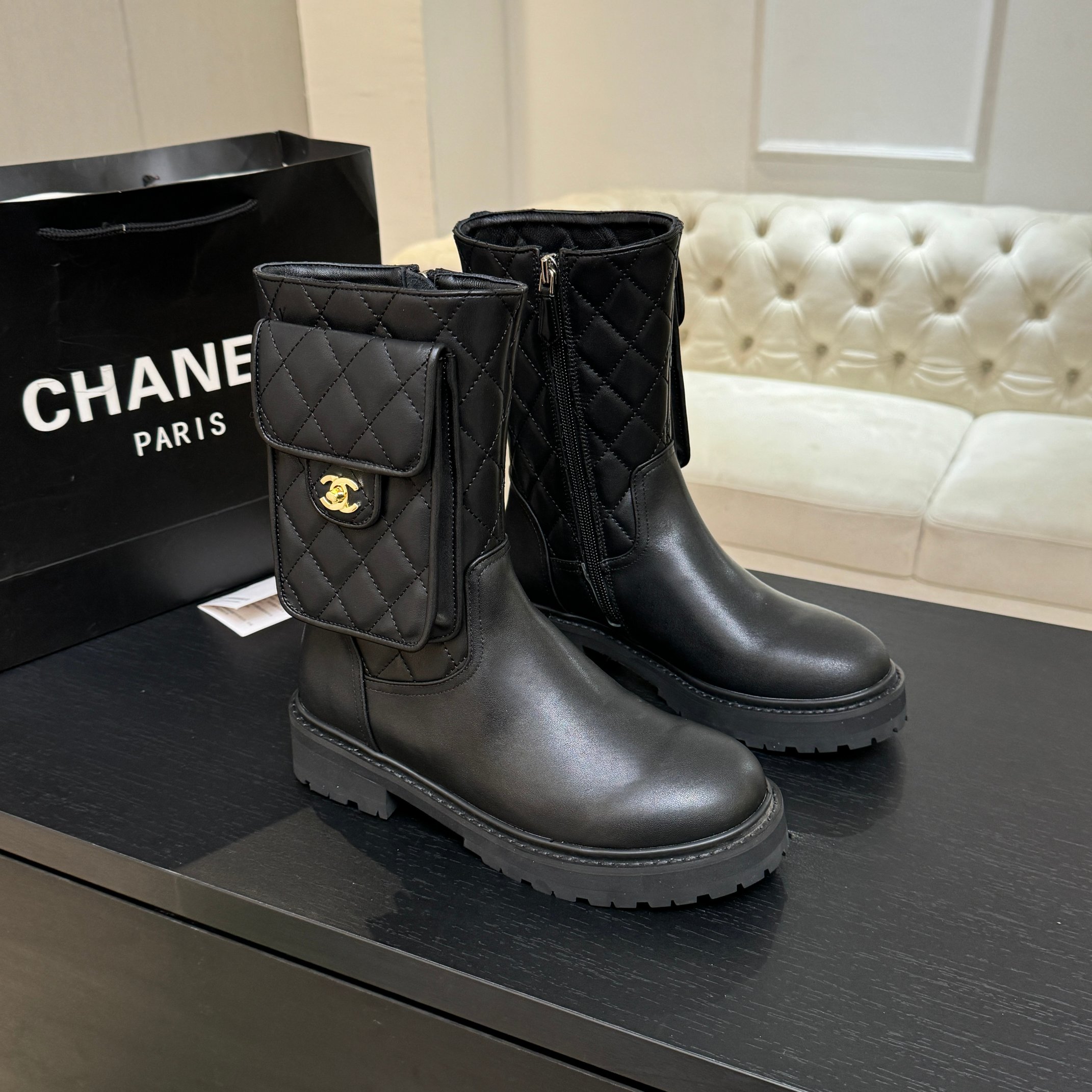 Chanel Black Leather Pocket Combat Boots
