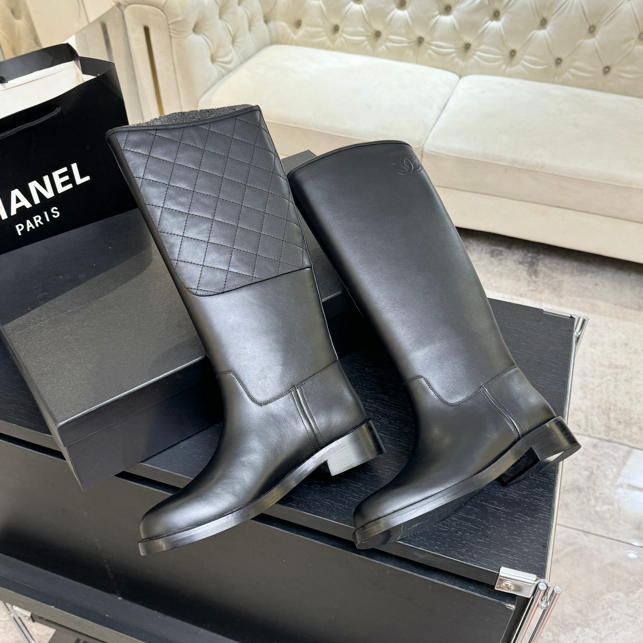 Chanel Black Leather Long Riding Boots