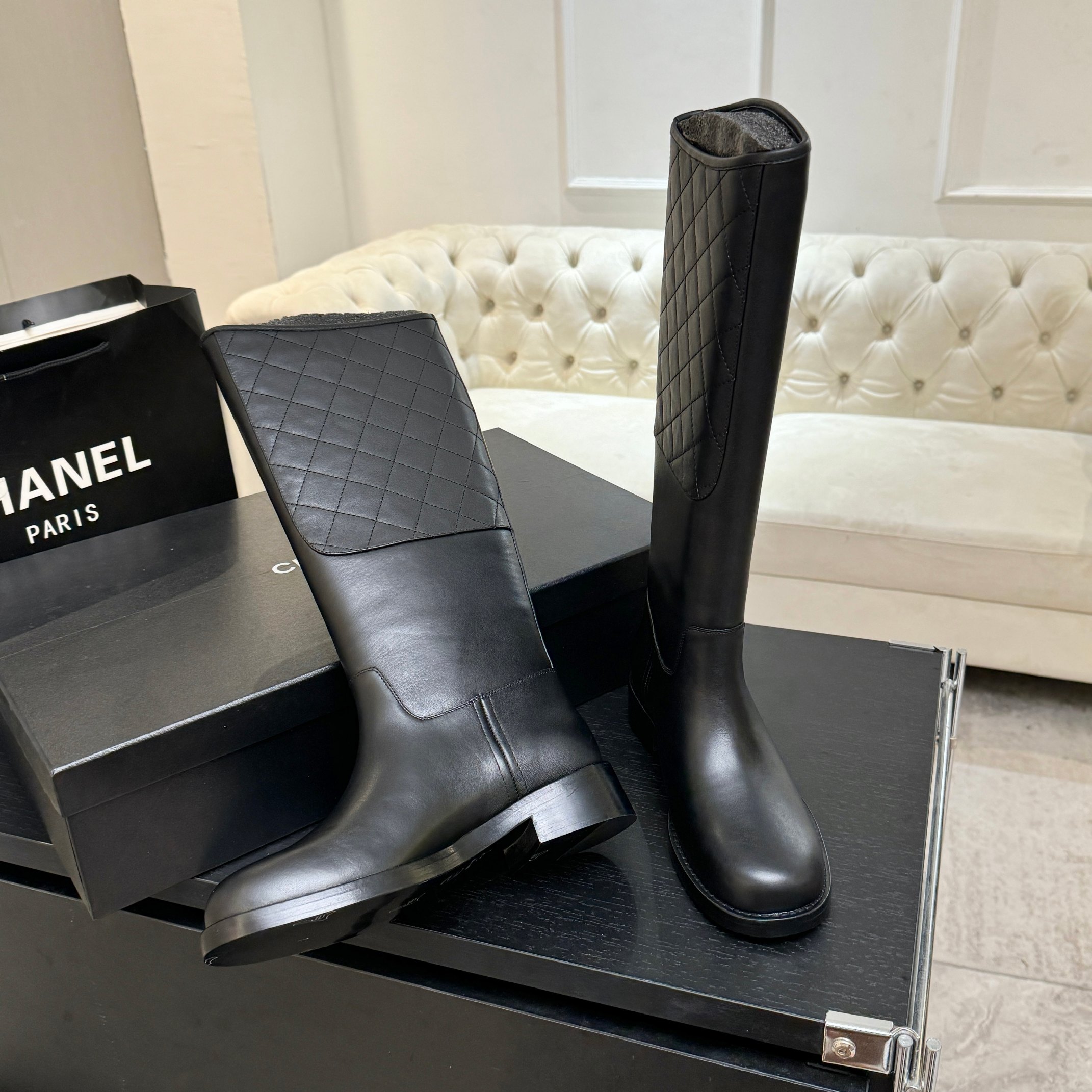 Chanel Black Leather Long Riding Boots