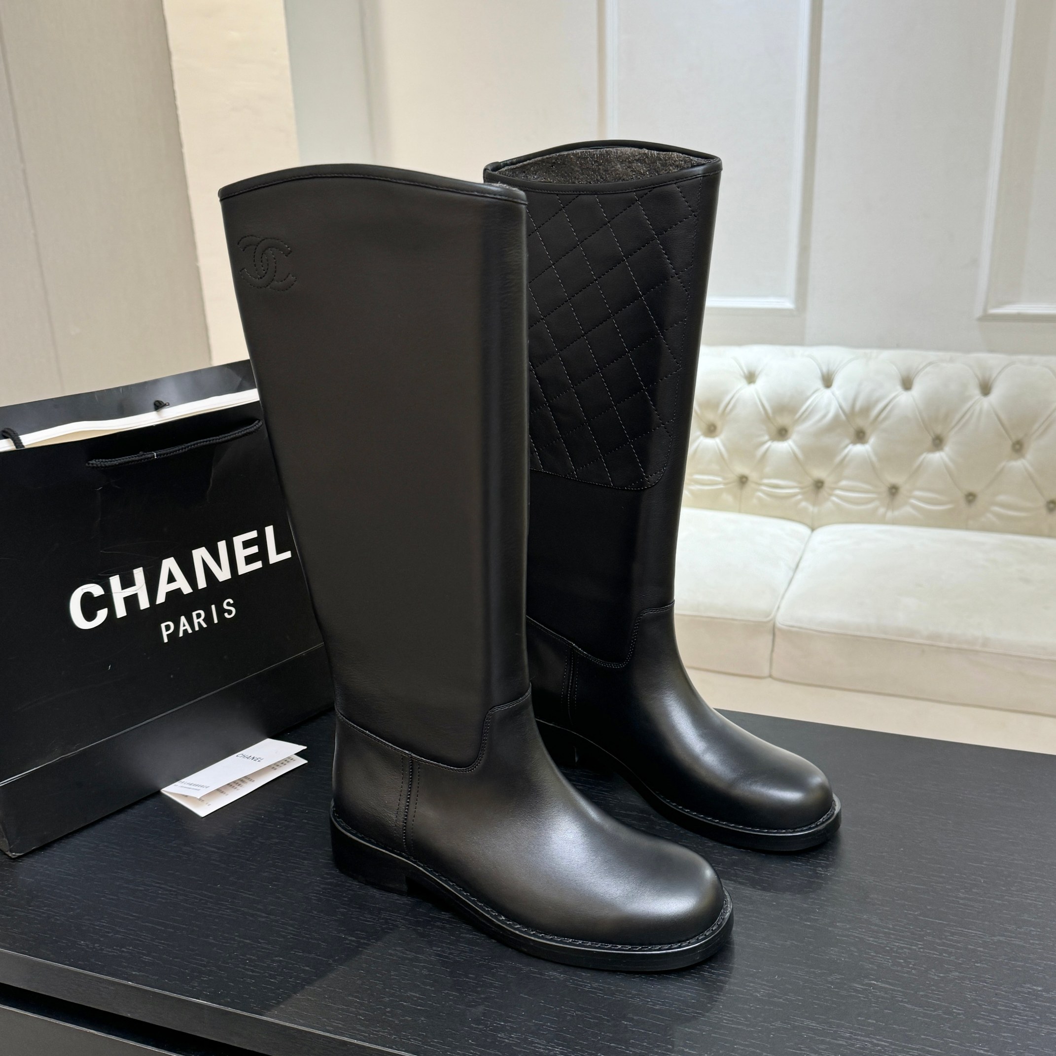 Chanel Black Leather Long Riding Boots