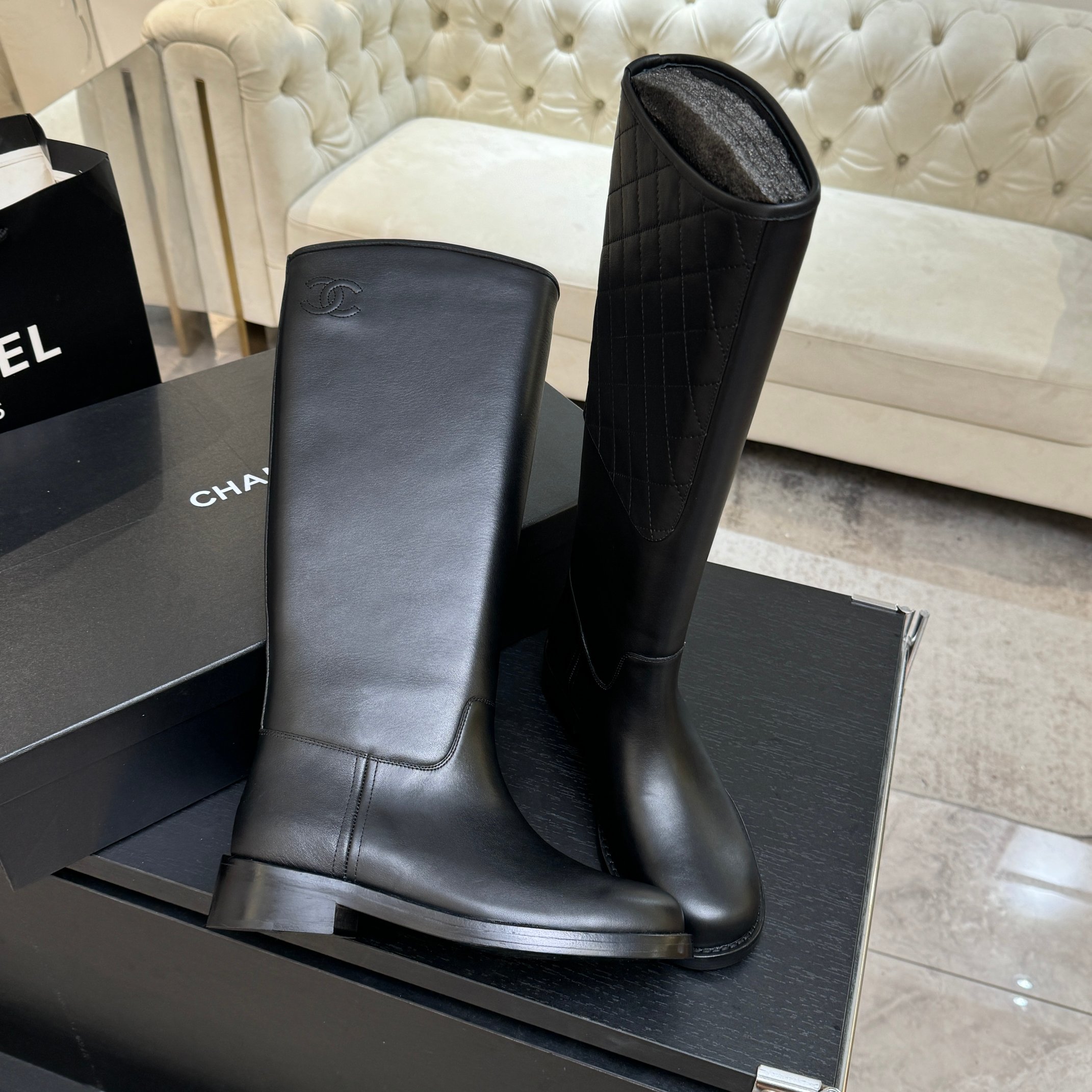 Chanel Black Leather Long Riding Boots