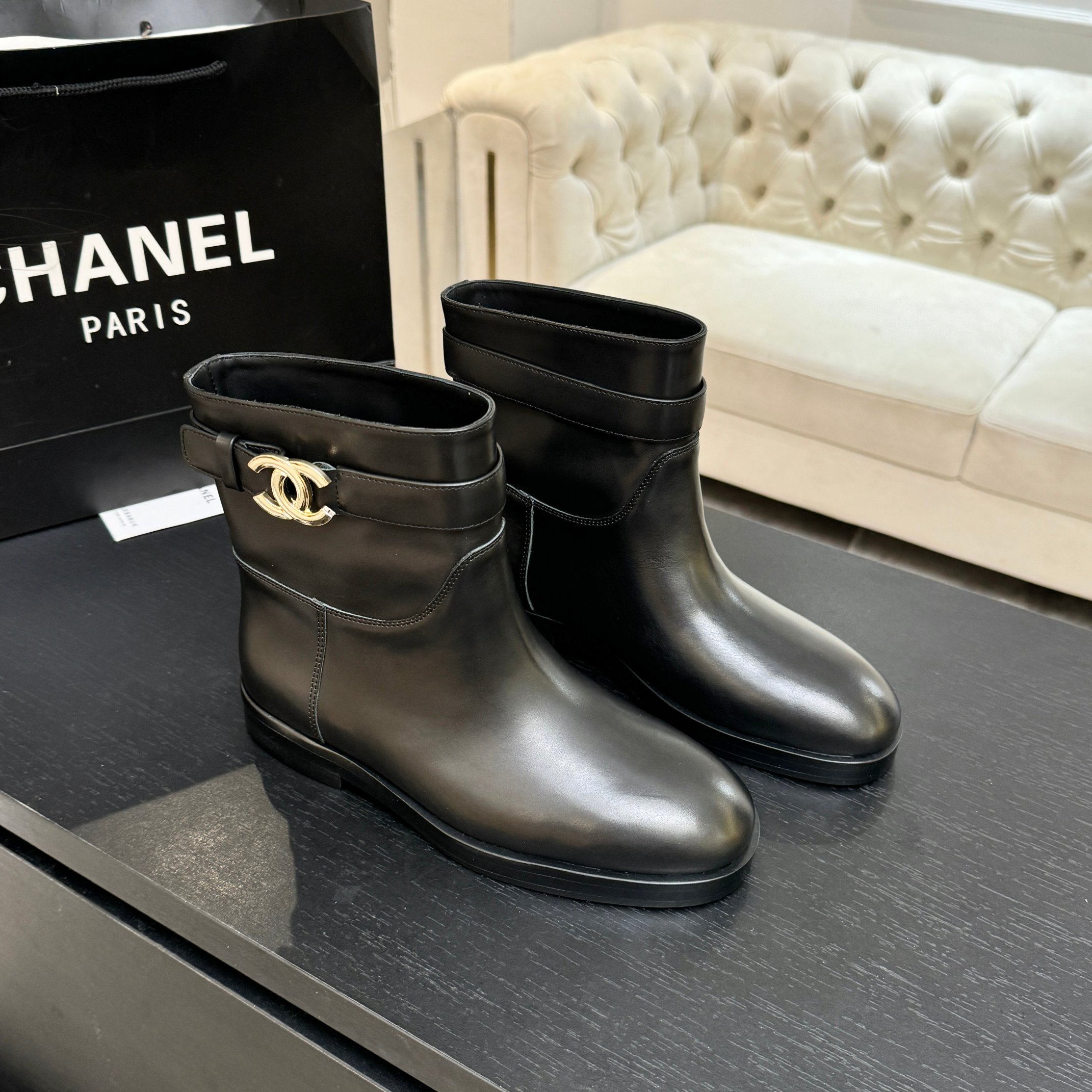 Chanel Black Flat Ankle Boots