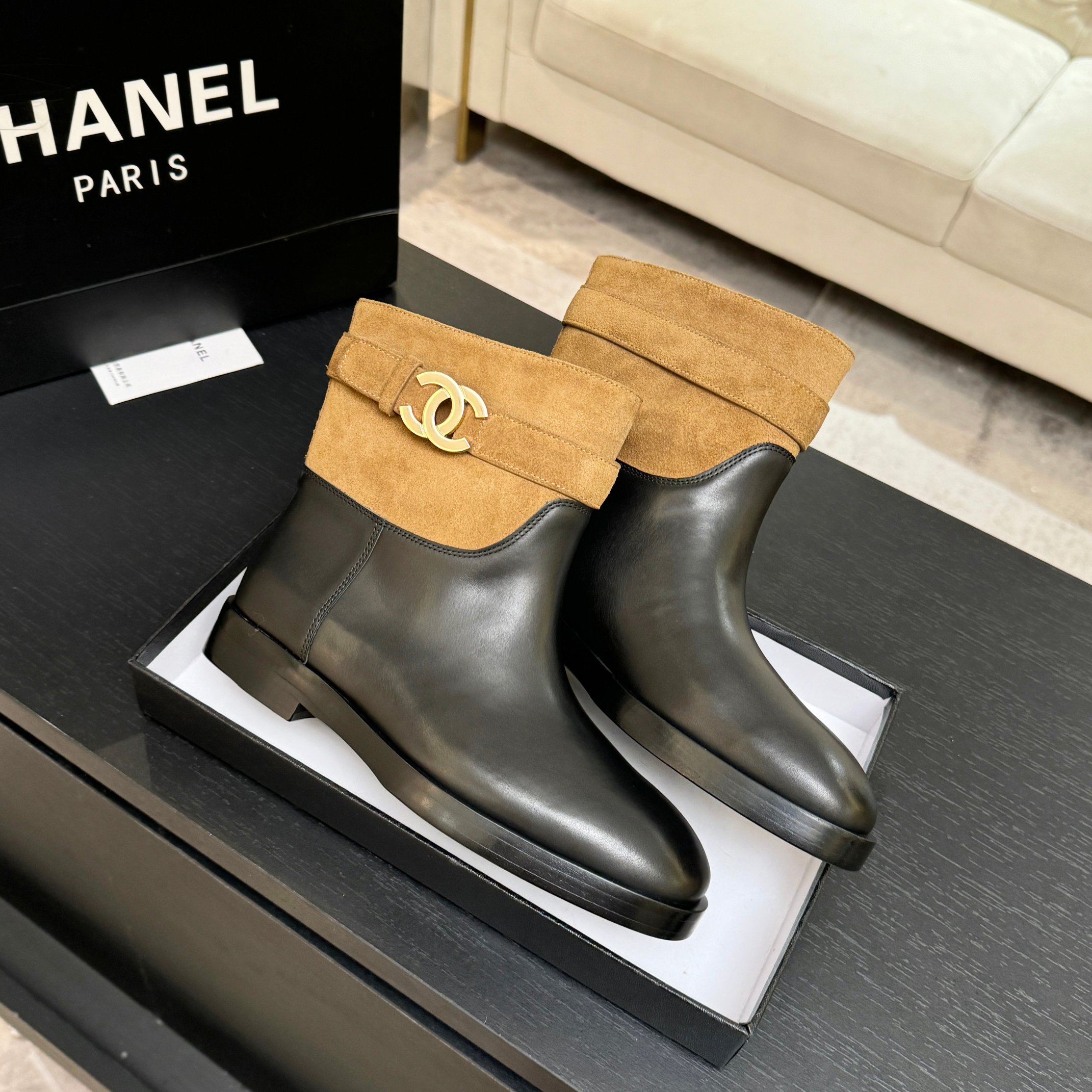 Chanel Brown Suede Black Leather Short Boots