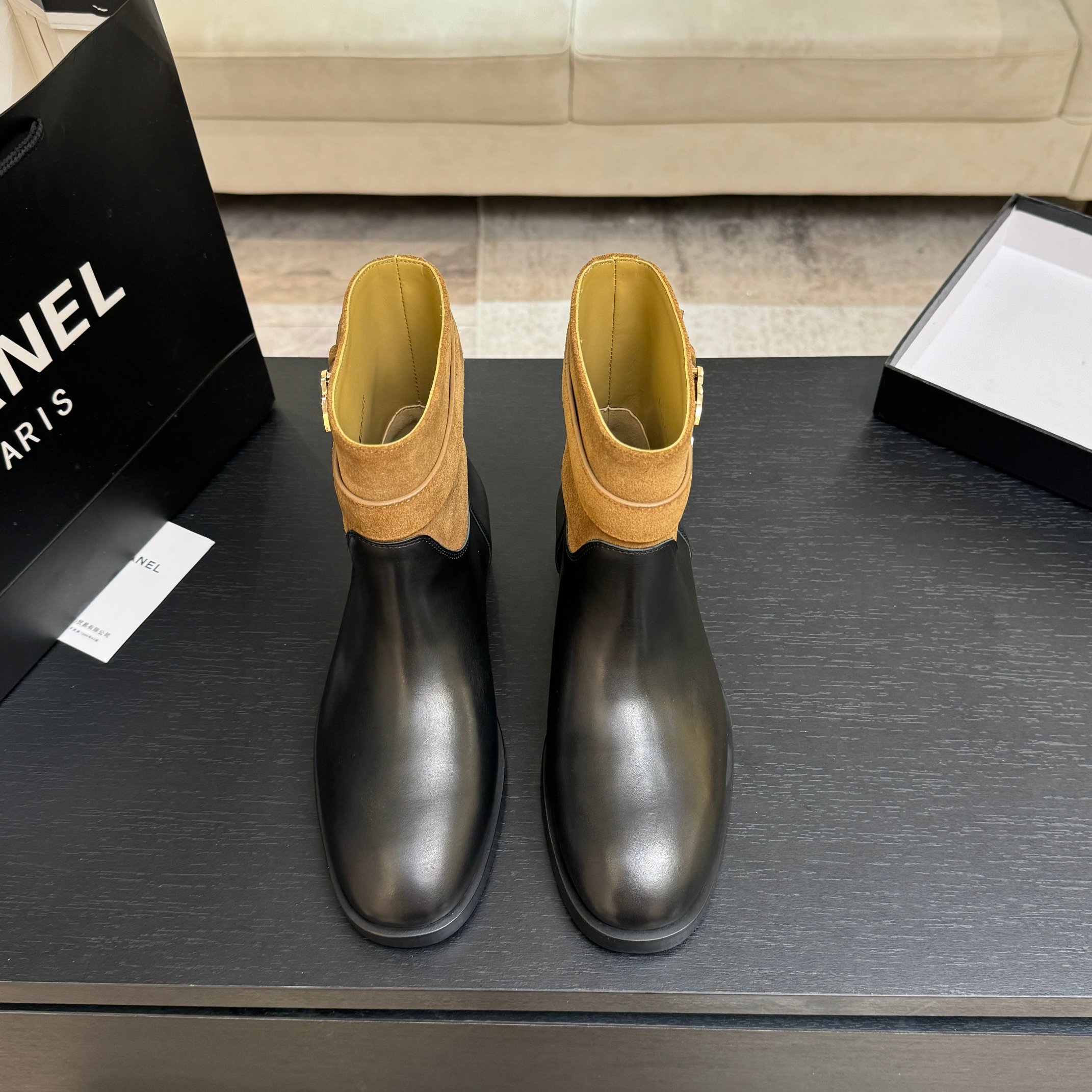 Chanel Brown Suede Black Leather Short Boots