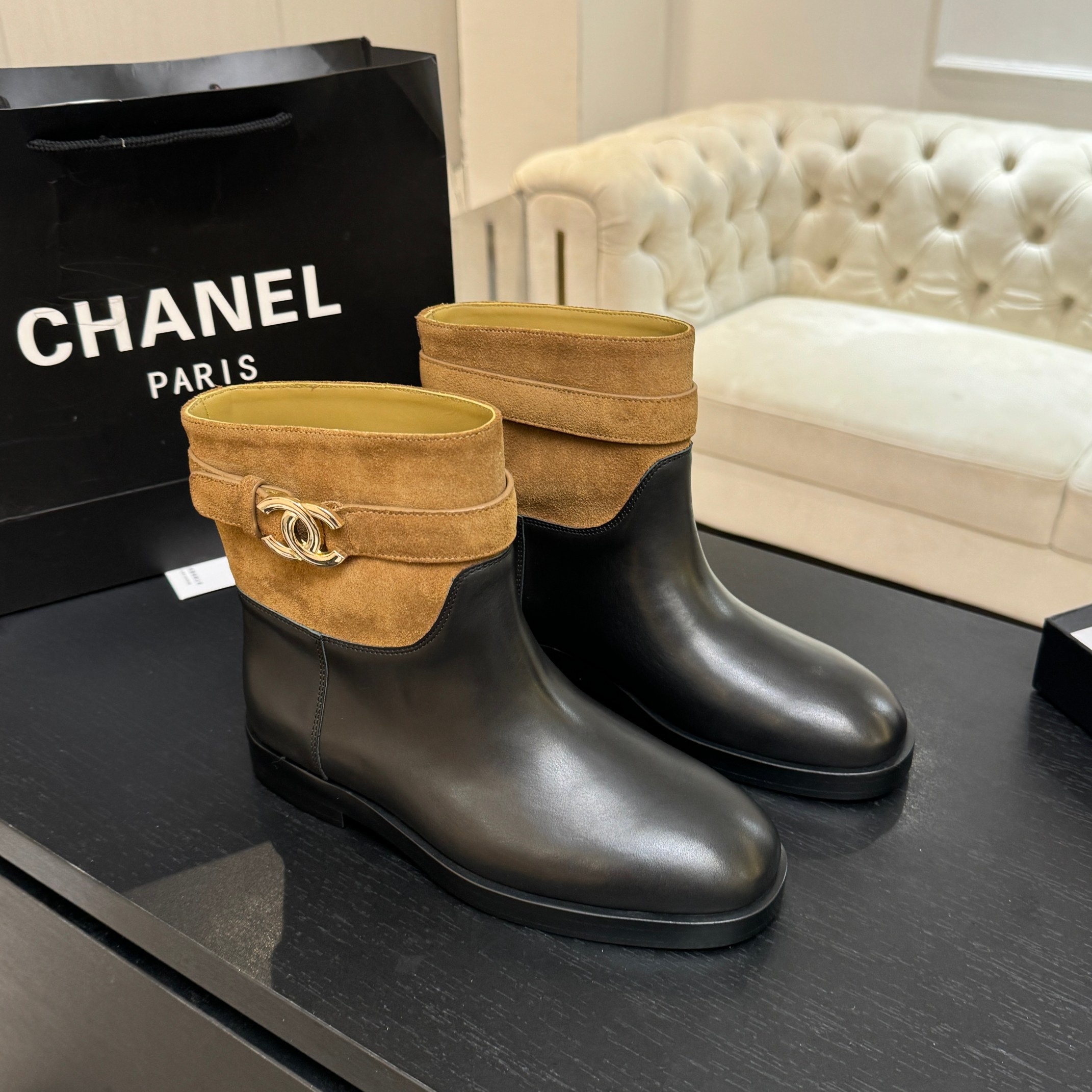 Chanel Brown Suede Black Leather Short Boots