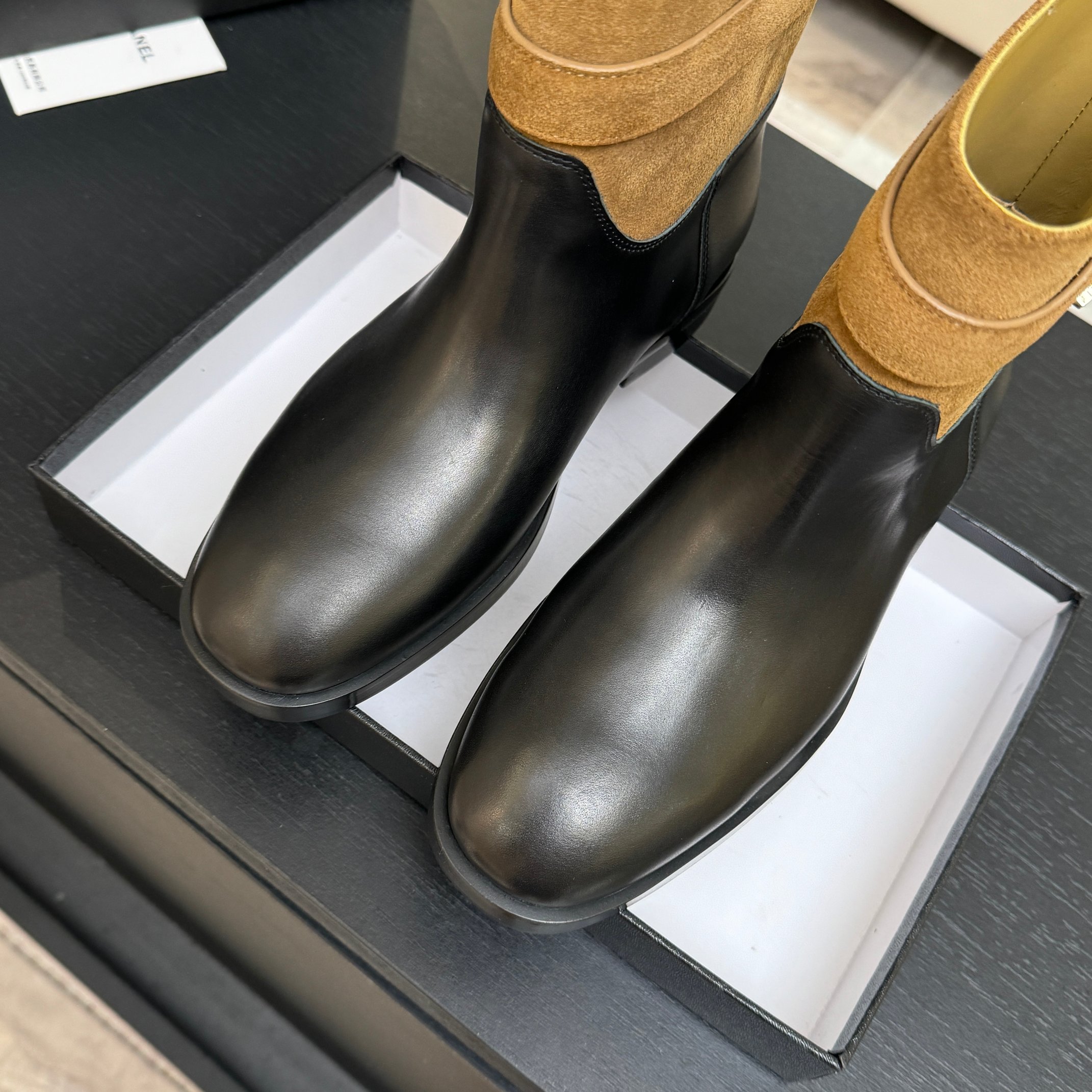 Chanel Brown Suede Black Leather Short Boots