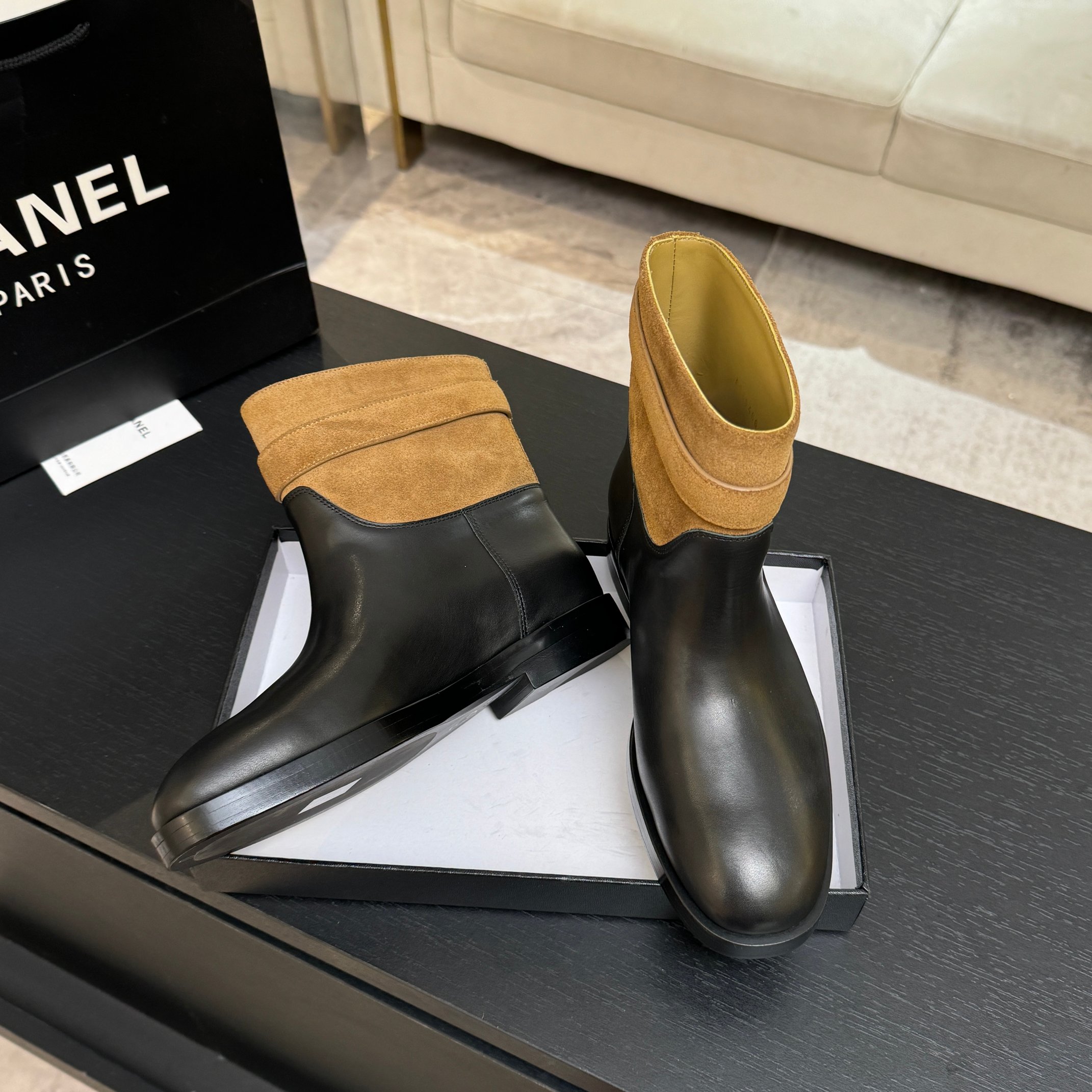 Chanel Brown Suede Black Leather Short Boots