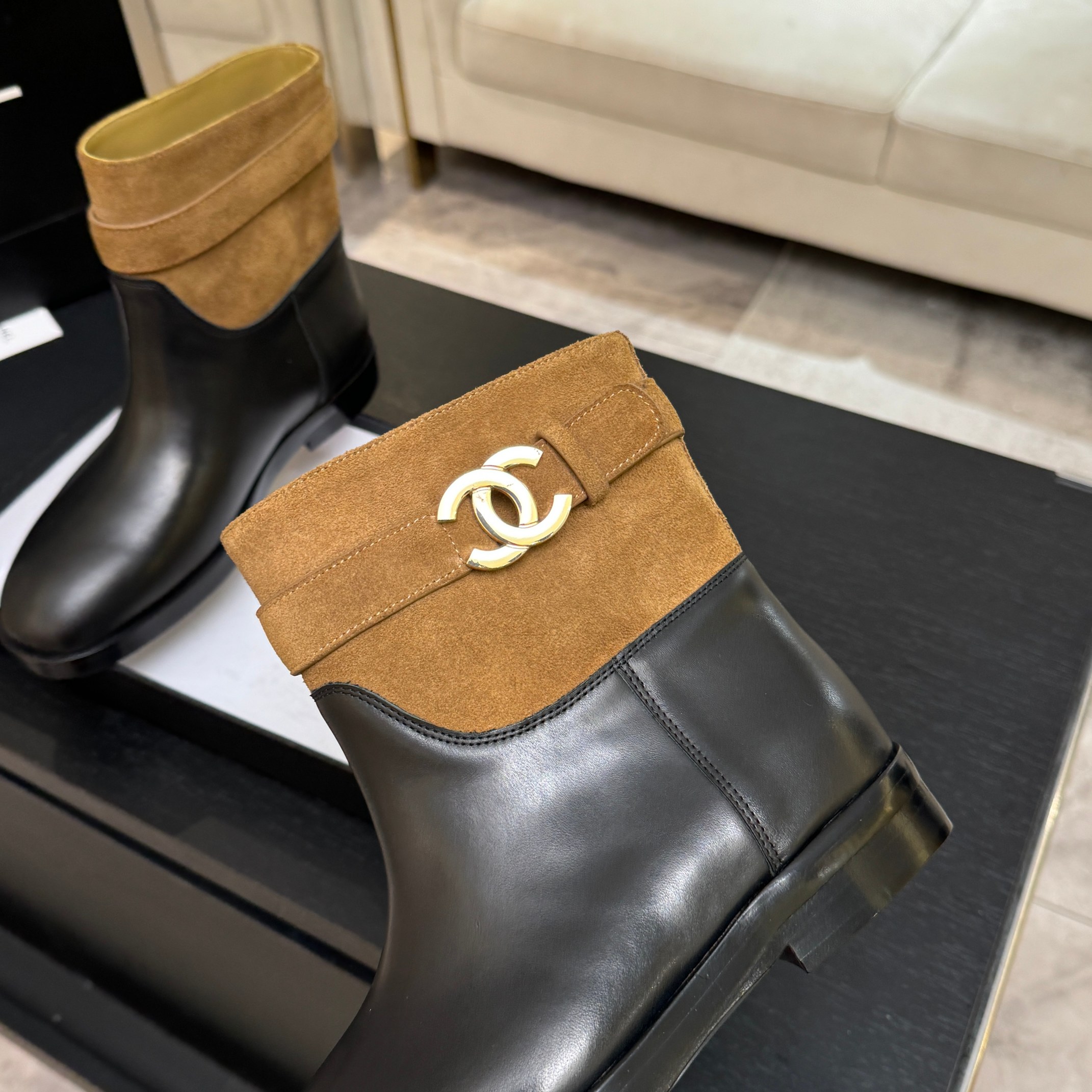 Chanel Brown Suede Black Leather Short Boots