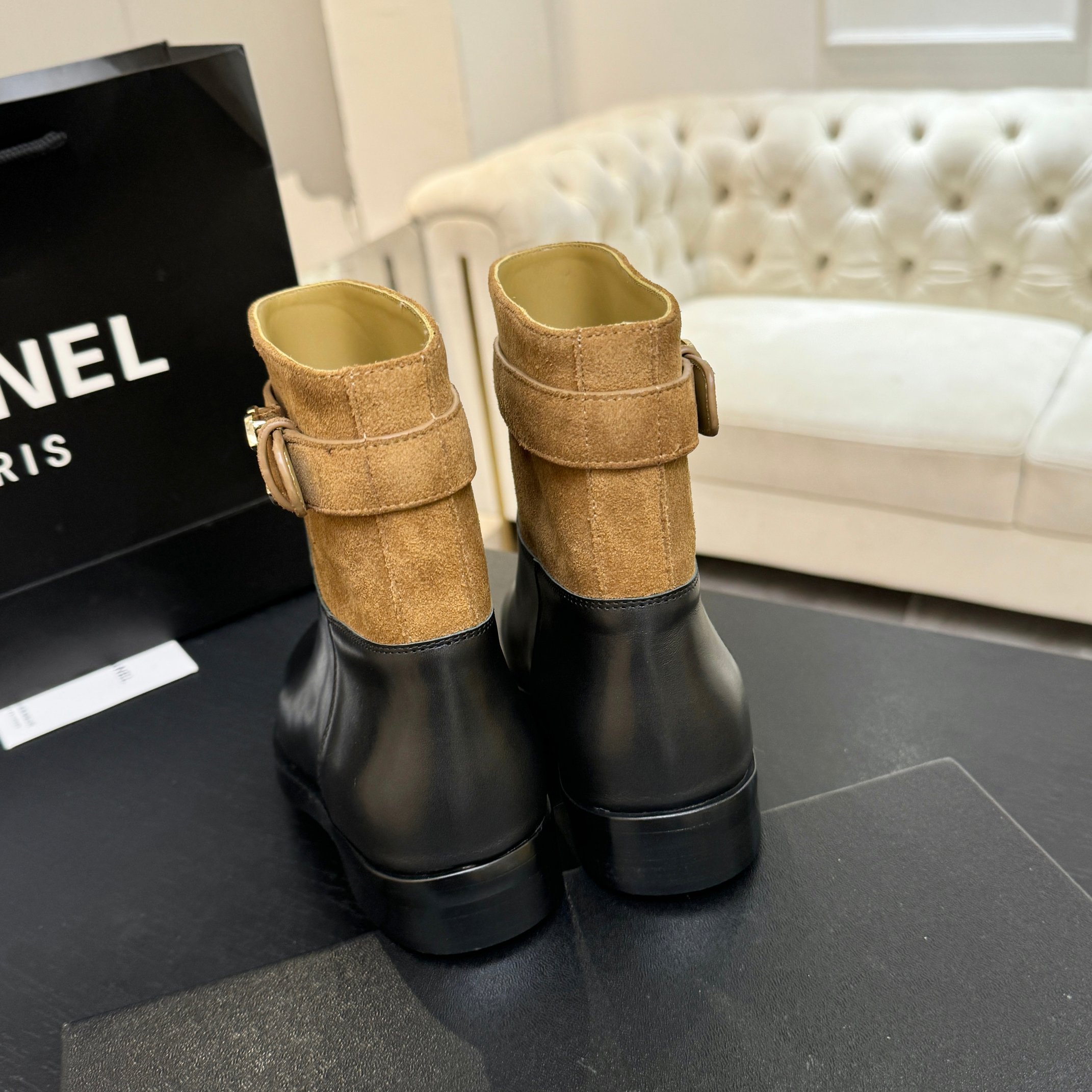 Chanel Brown Suede Black Leather Short Boots