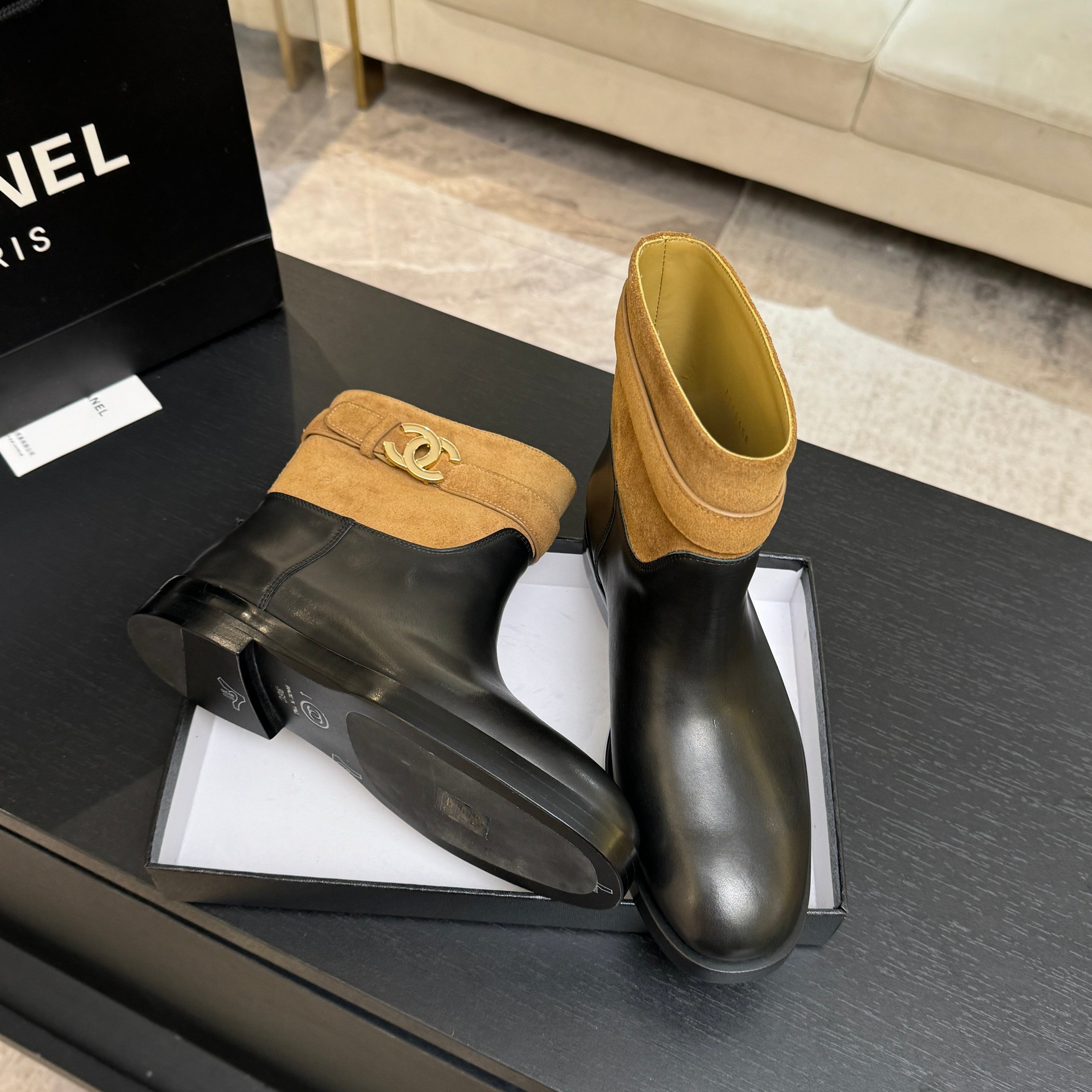 Chanel Brown Suede Black Leather Short Boots