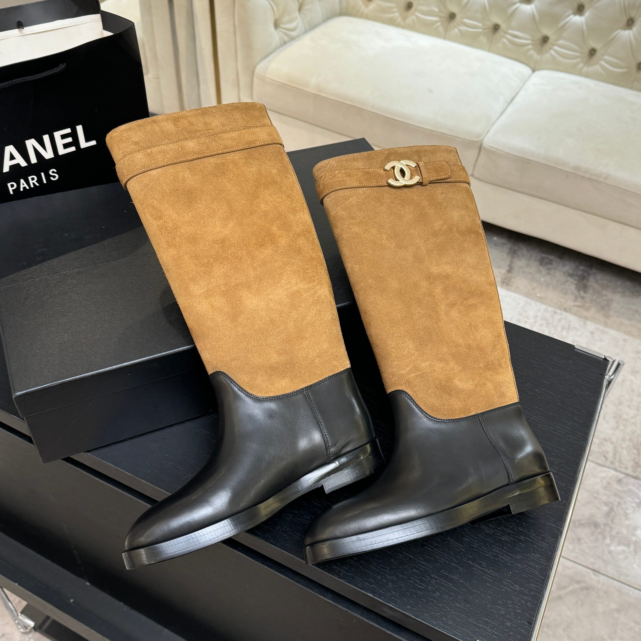 Chanel Brown Suede Black Leather Long Boots