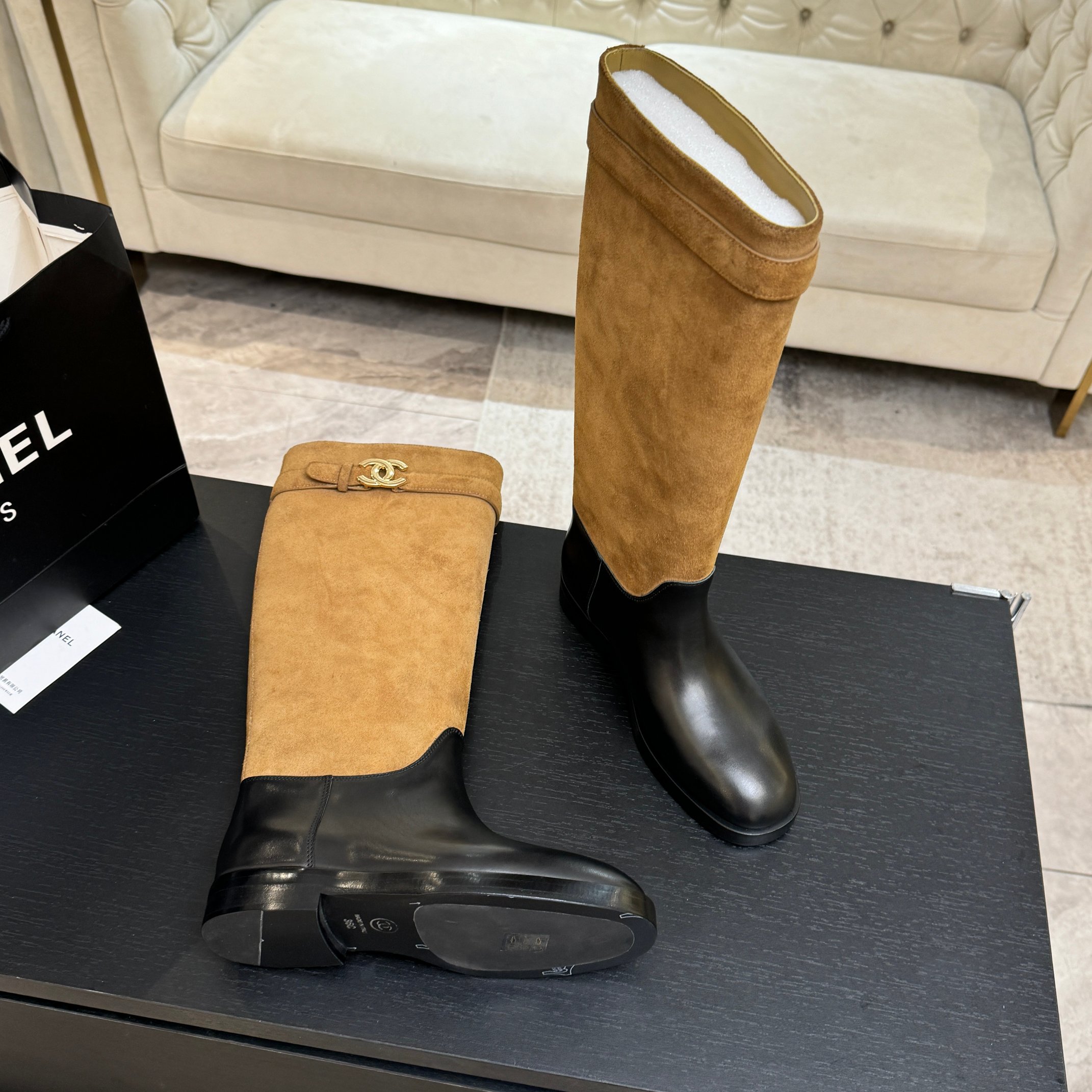 Chanel Brown Suede Black Leather Long Boots