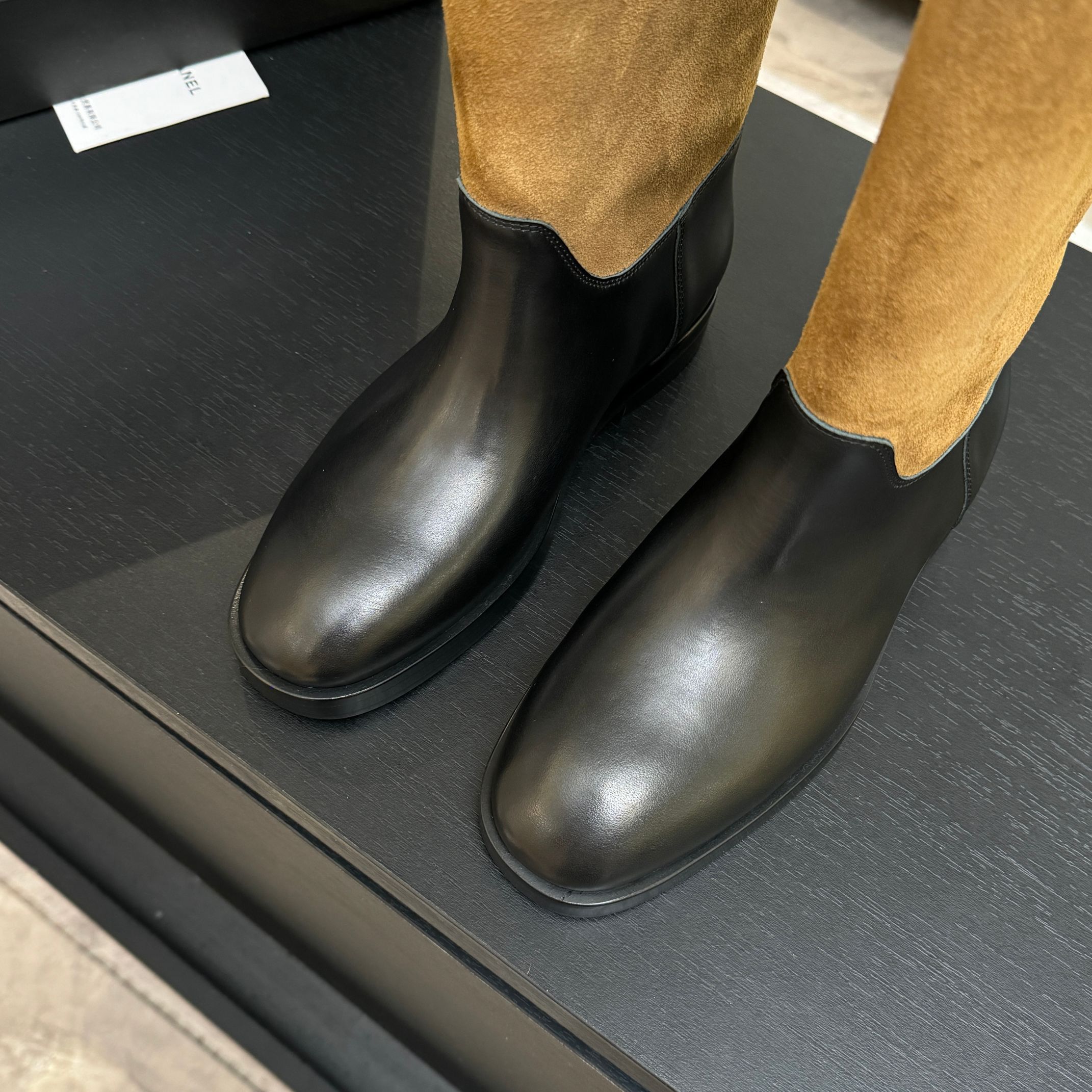 Chanel Brown Suede Black Leather Long Boots