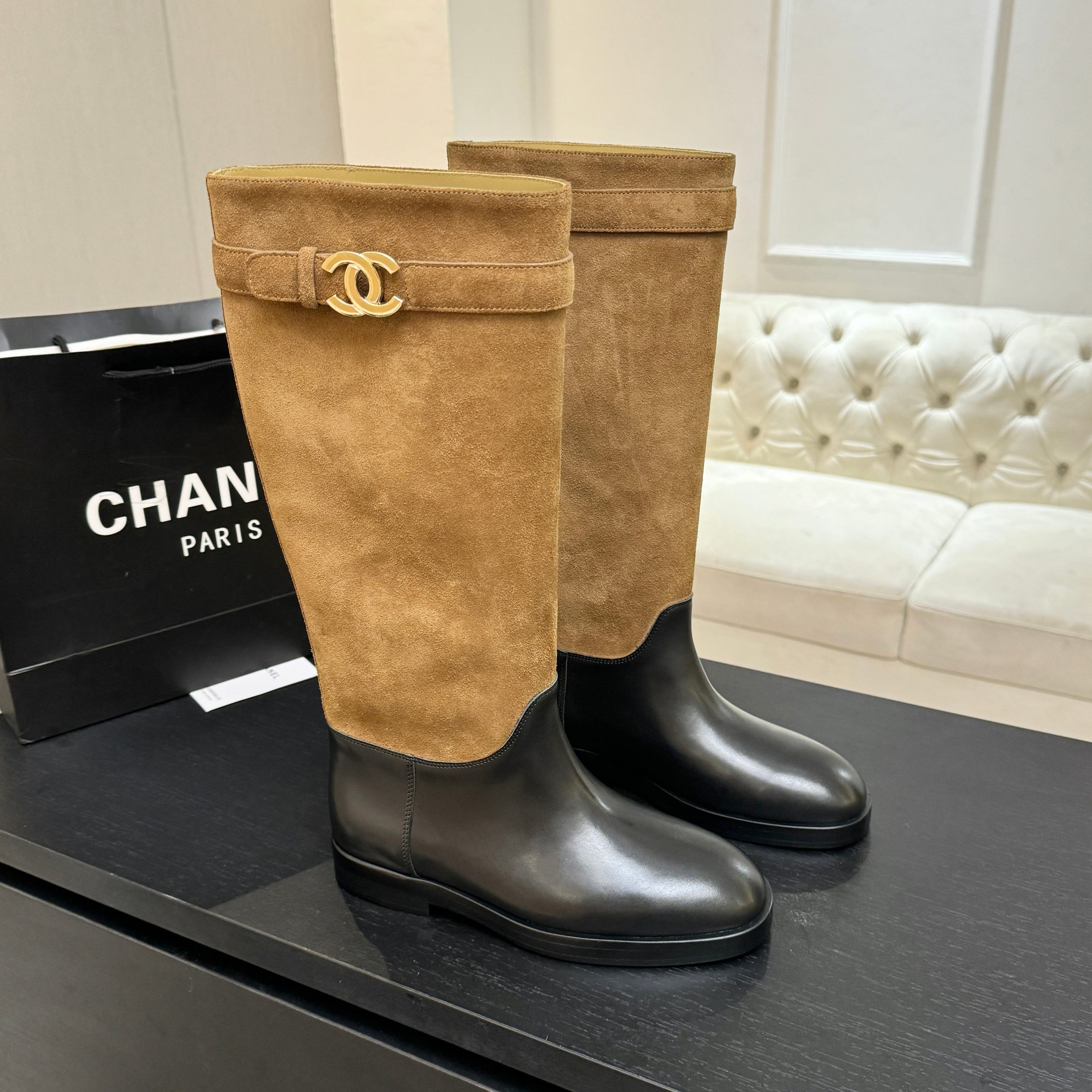 Chanel Brown Suede Black Leather Long Boots