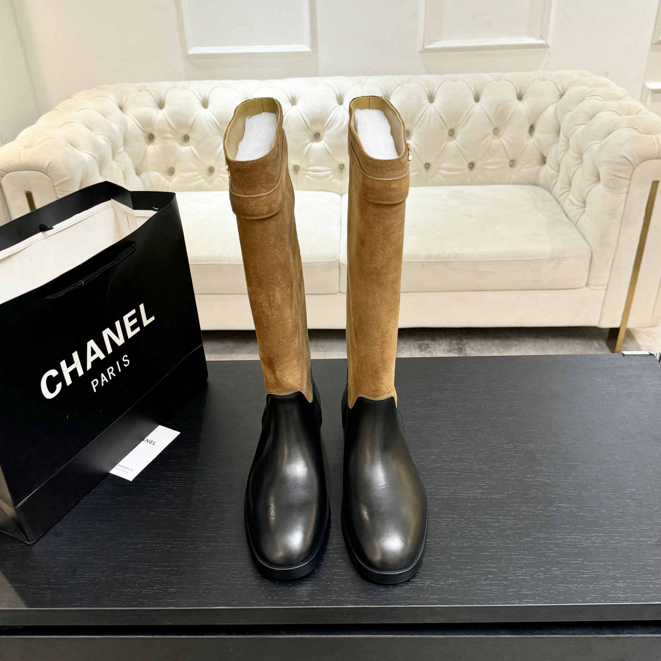 Chanel Brown Suede Black Leather Long Boots