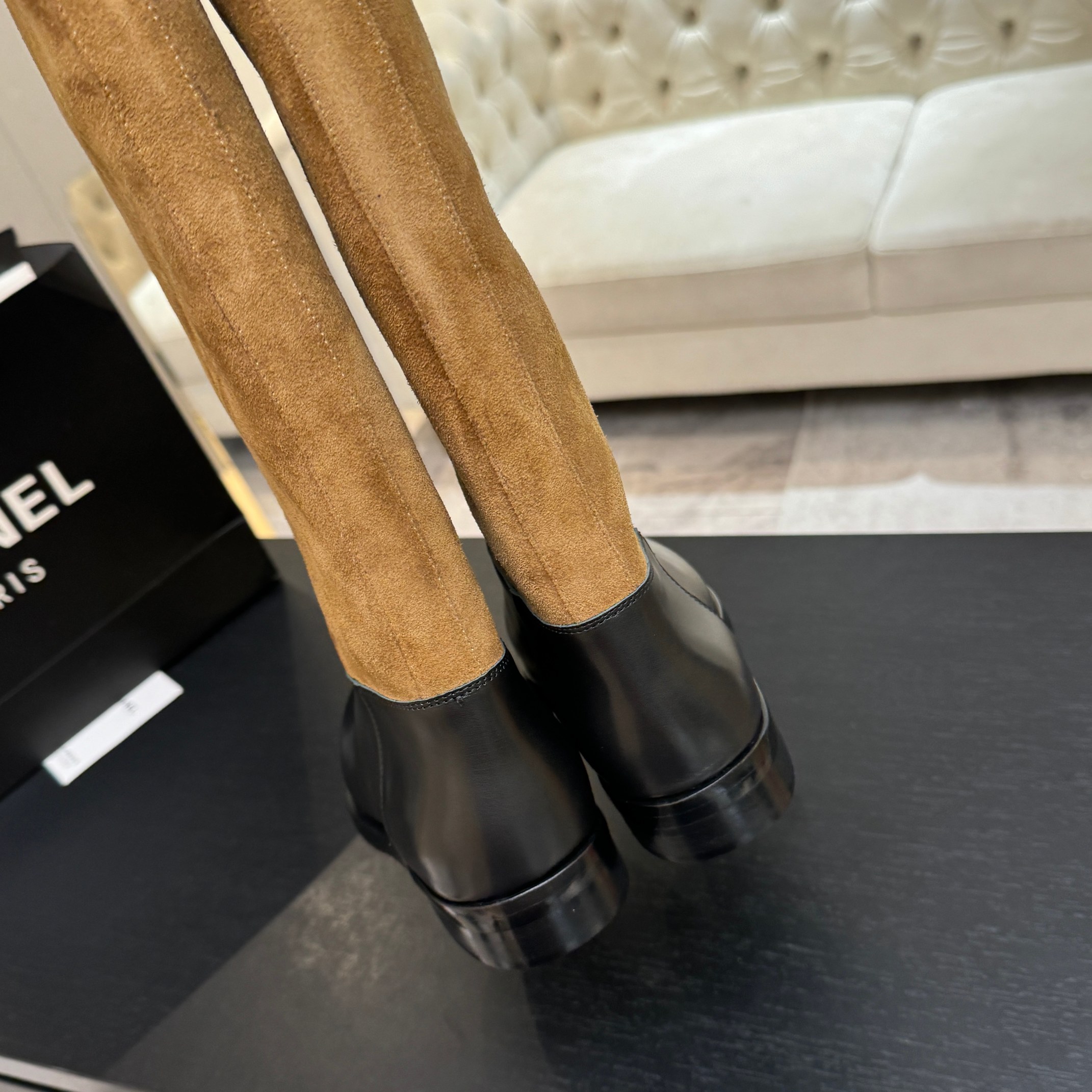 Chanel Brown Suede Black Leather Long Boots