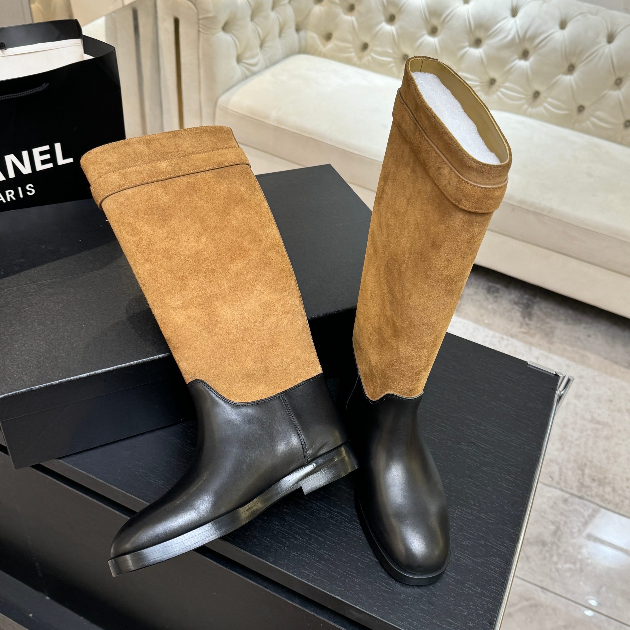 Chanel Brown Suede Black Leather Long Boots