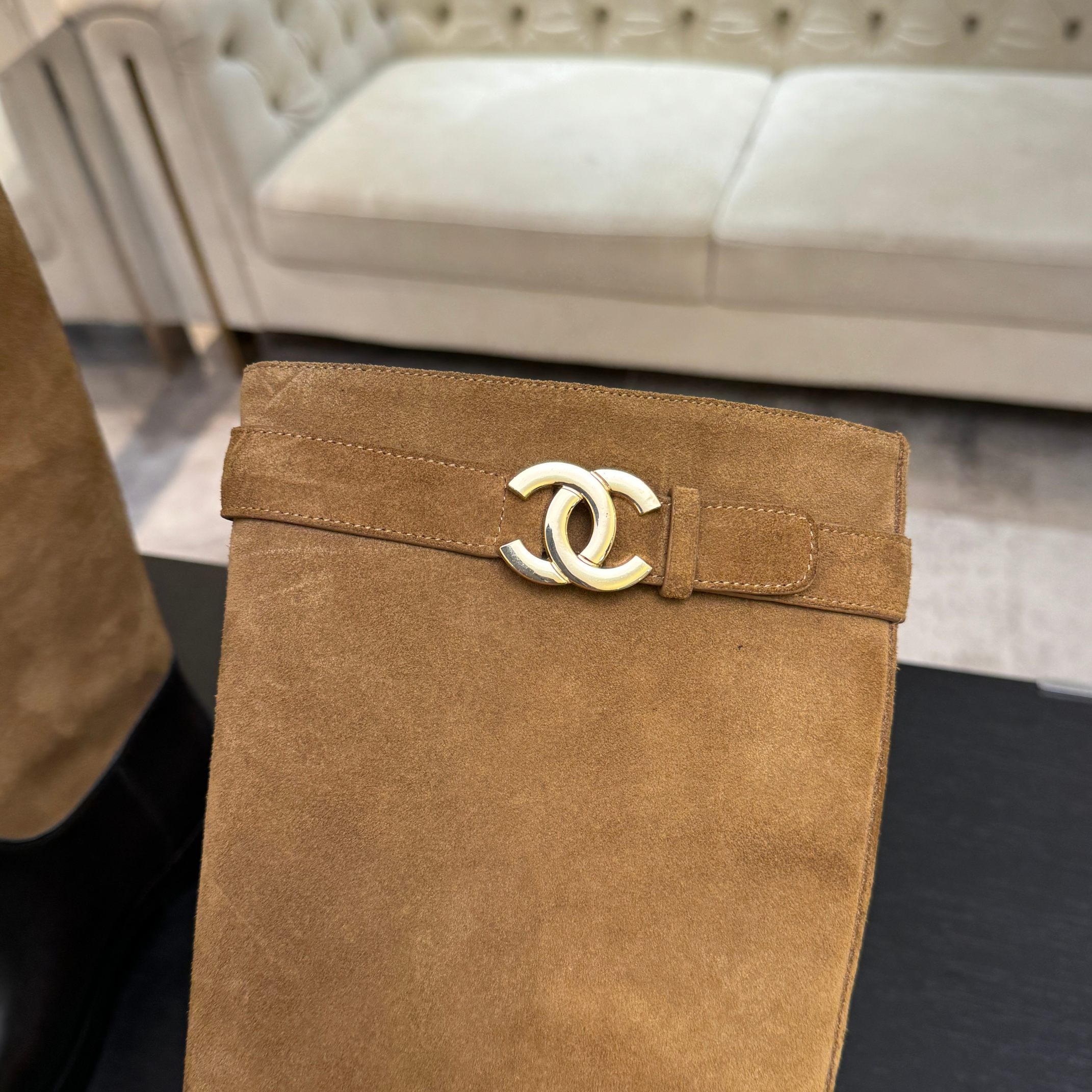 Chanel Brown Suede Black Leather Long Boots