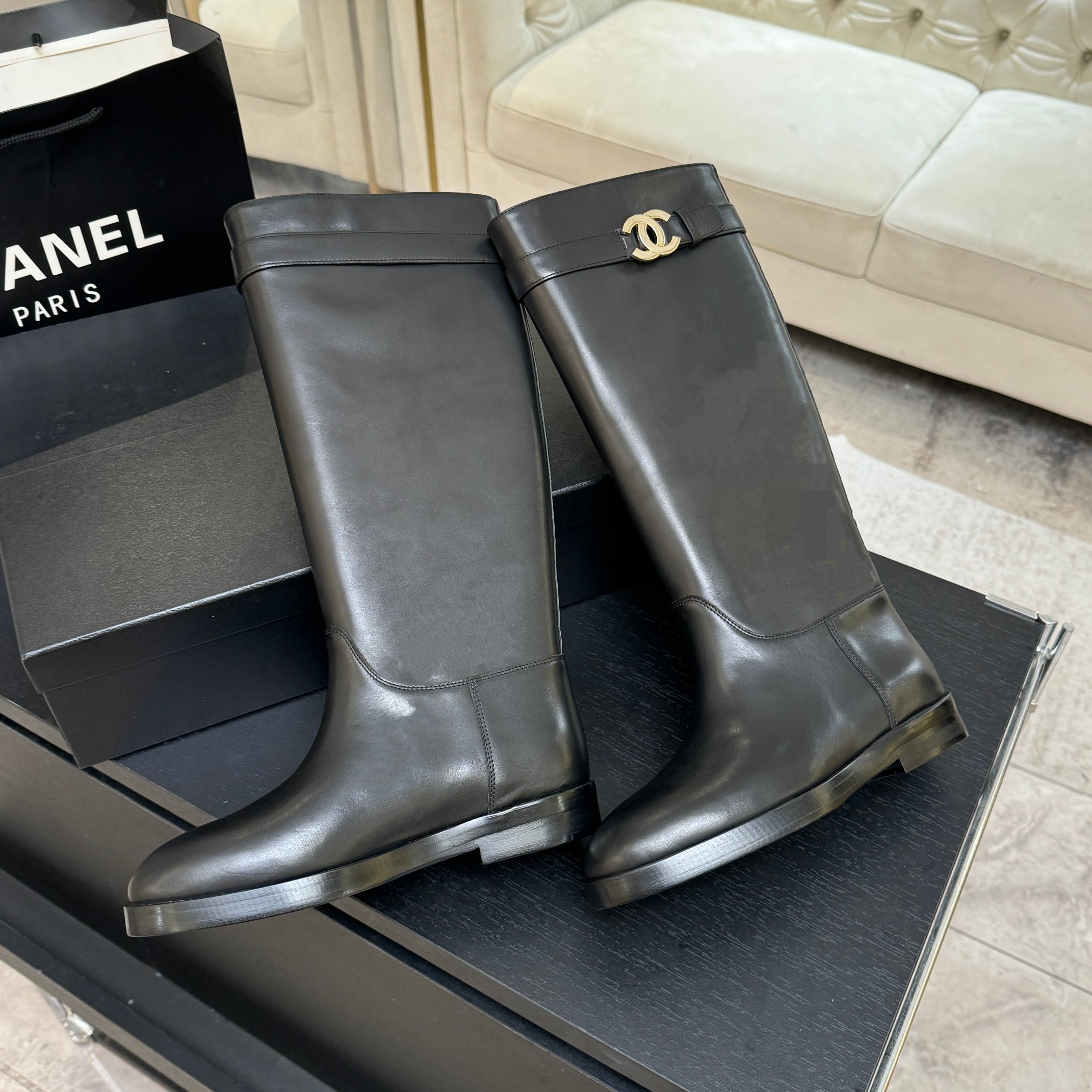 Chanel Black Leather Long Riding Boots