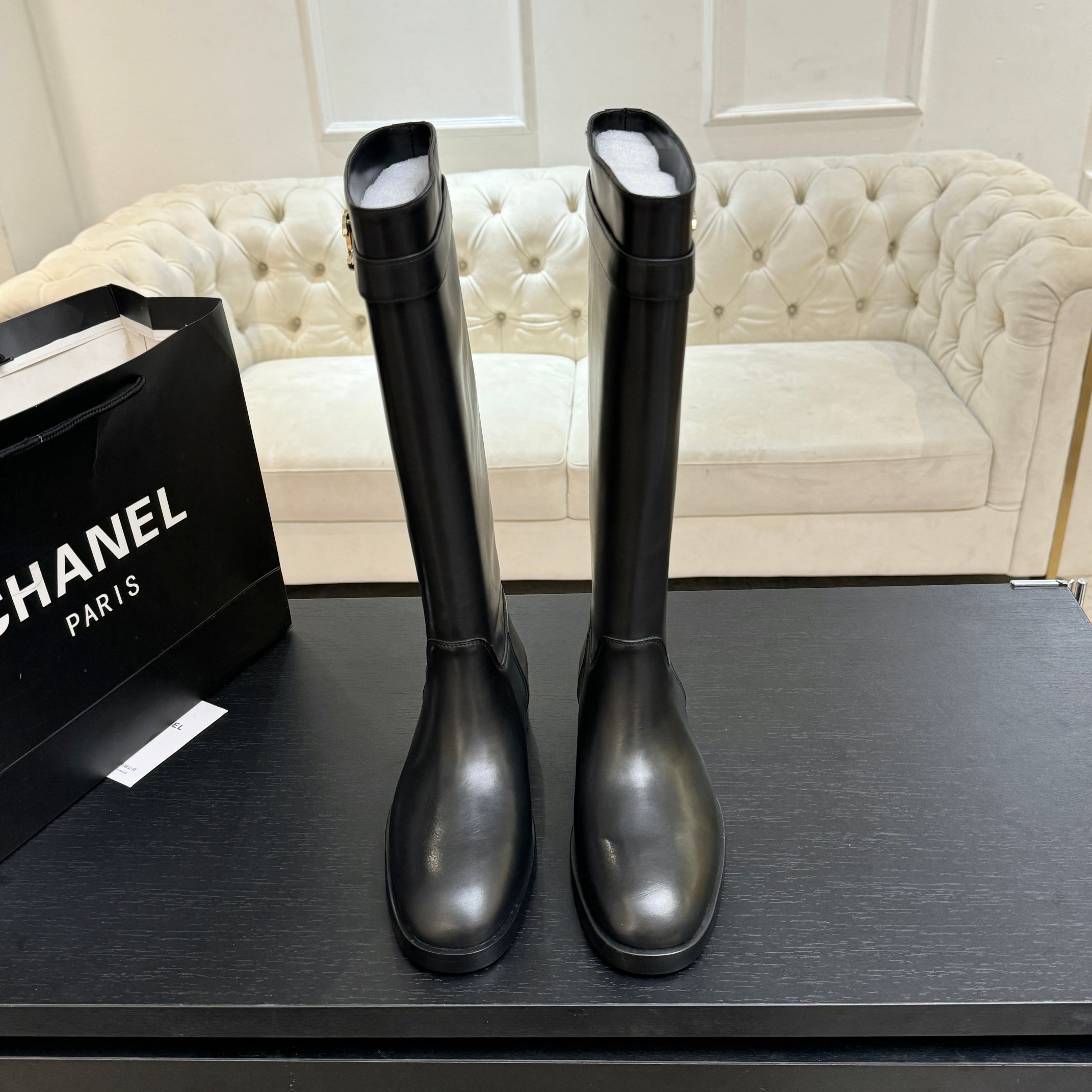 Chanel Black Leather Long Riding Boots