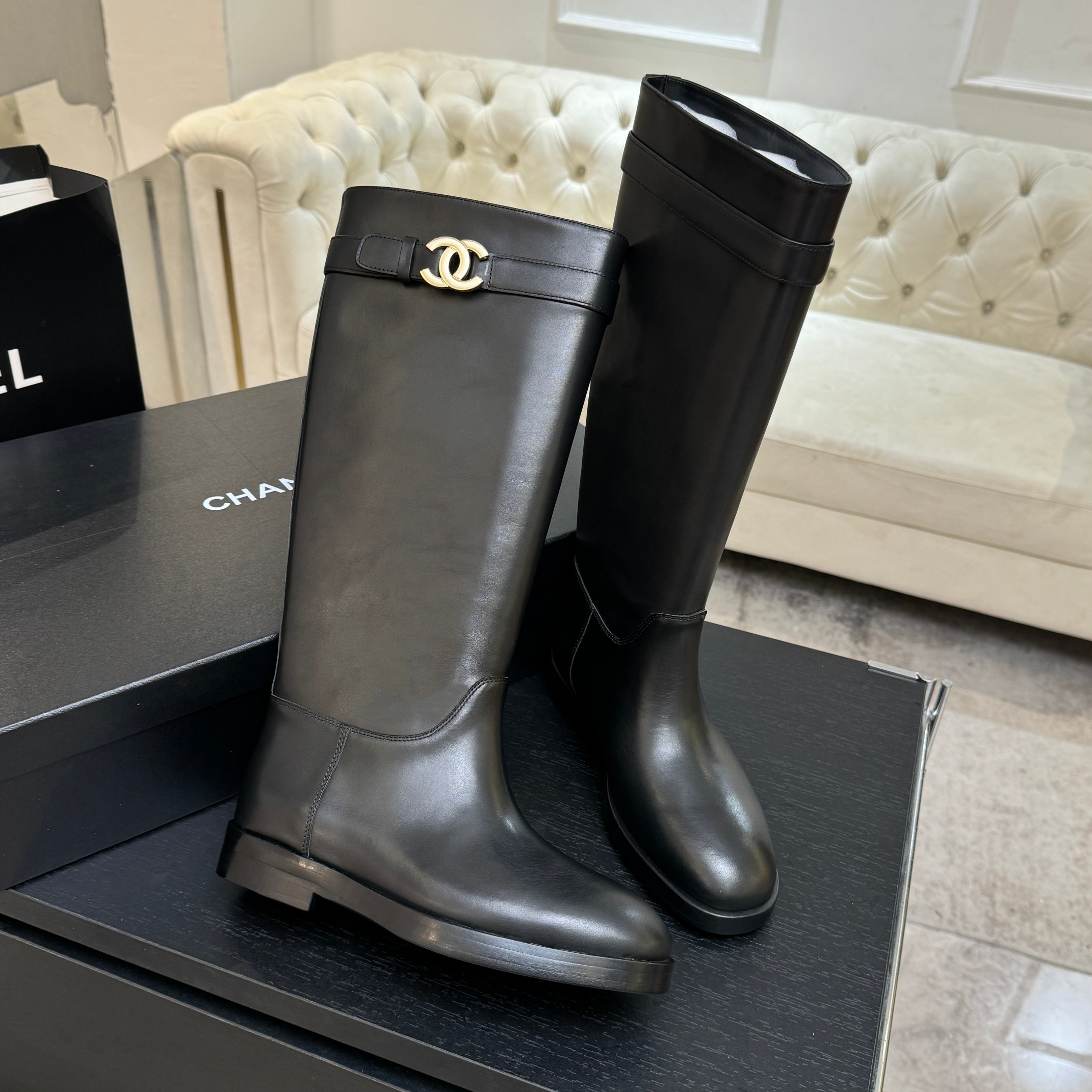 Chanel Black Leather Long Riding Boots