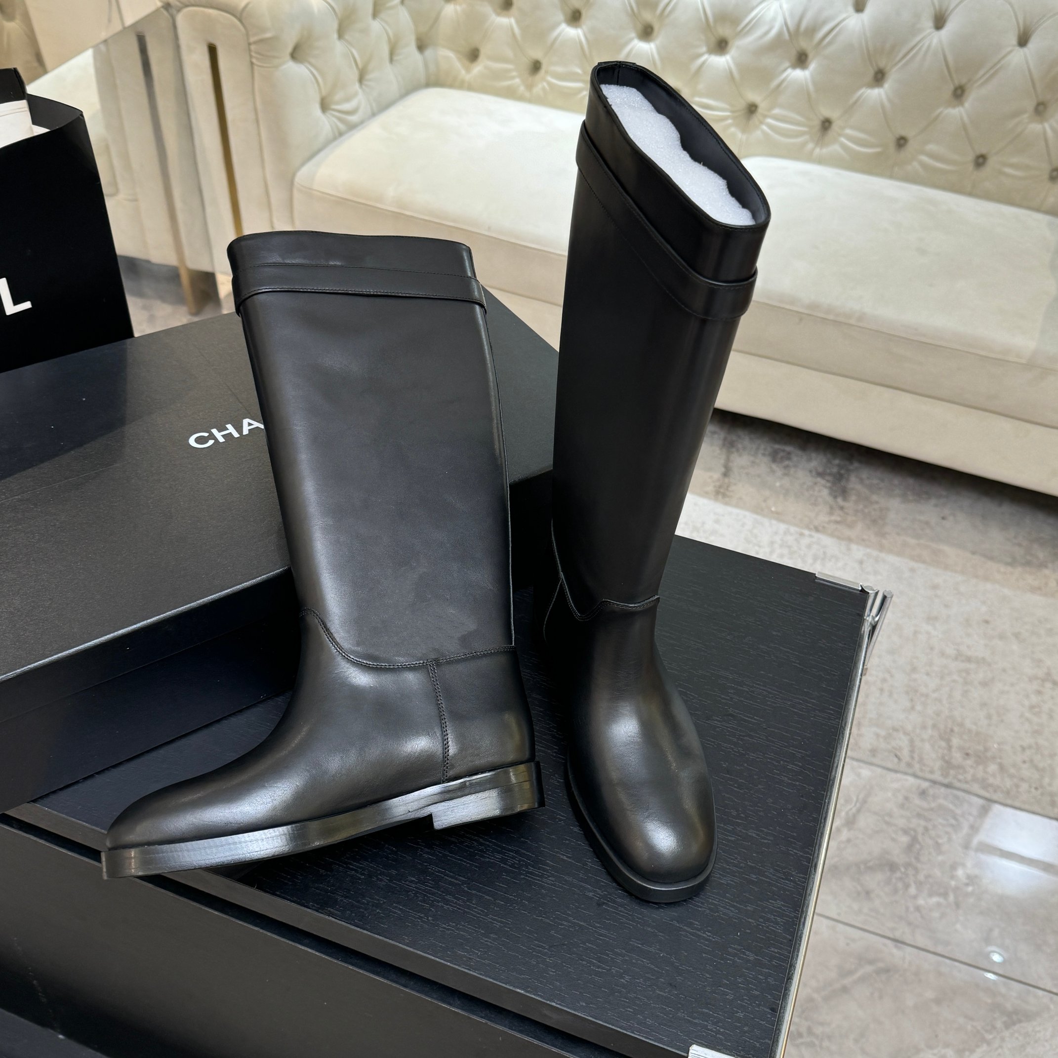 Chanel Black Leather Long Riding Boots