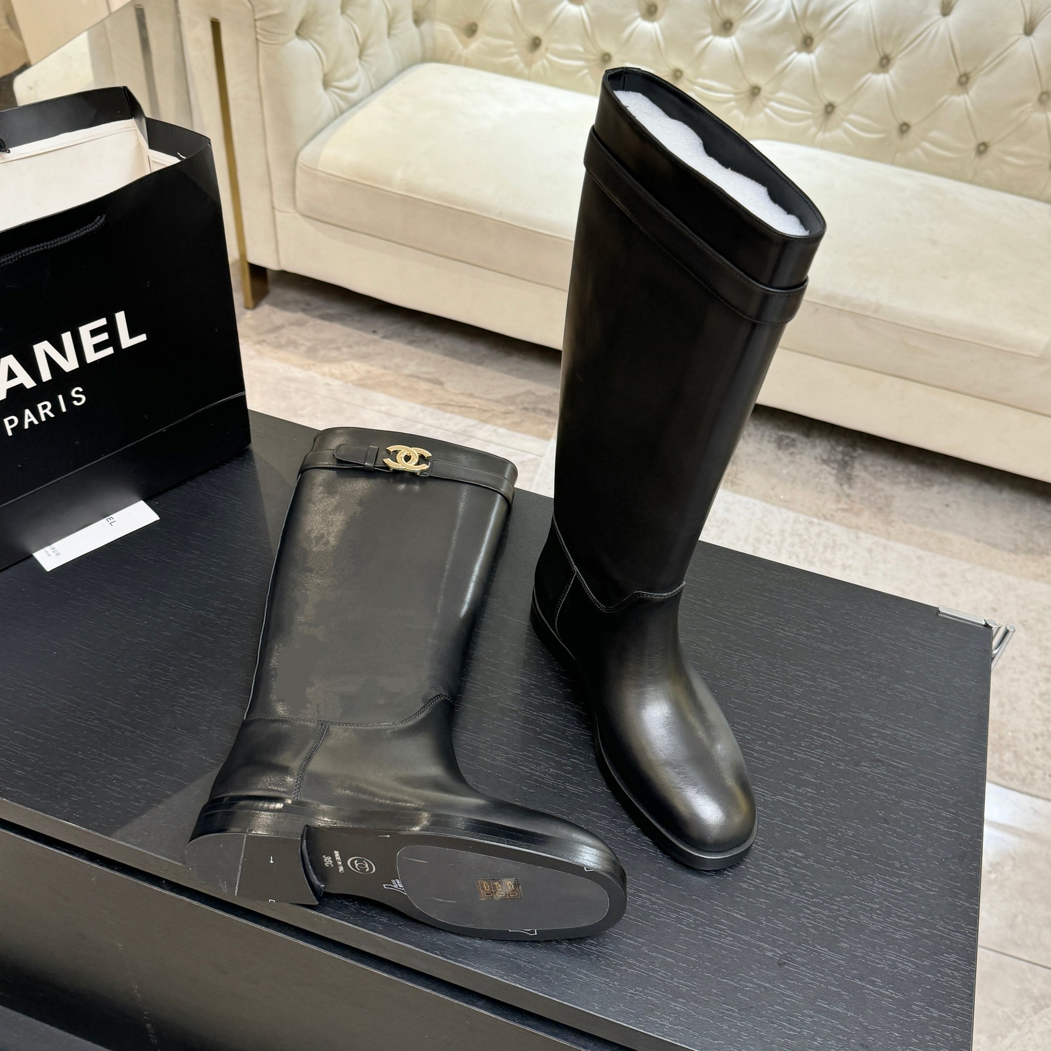 Chanel Black Leather Long Riding Boots