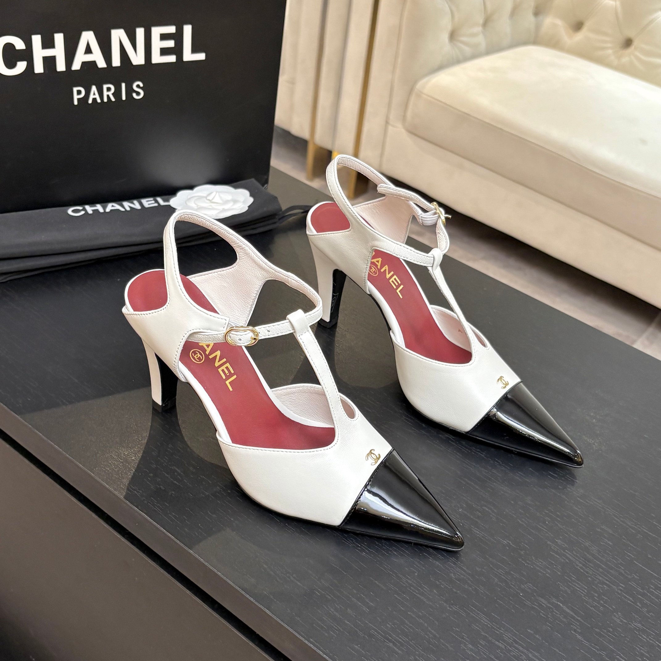 Chanel White Cap-Toe T-Strap Pumps