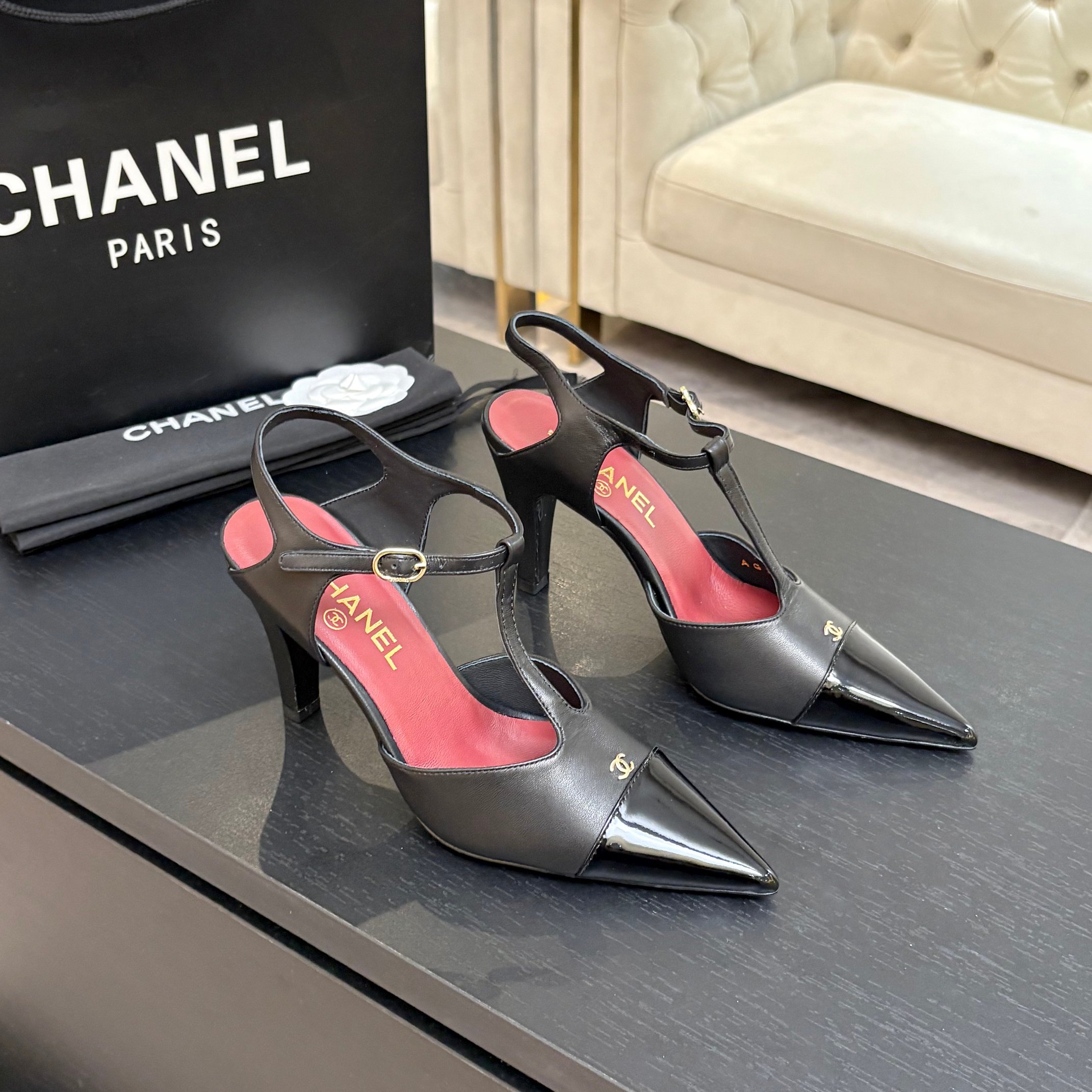 Chanel Black Cap-Toe T-Strap Pumps