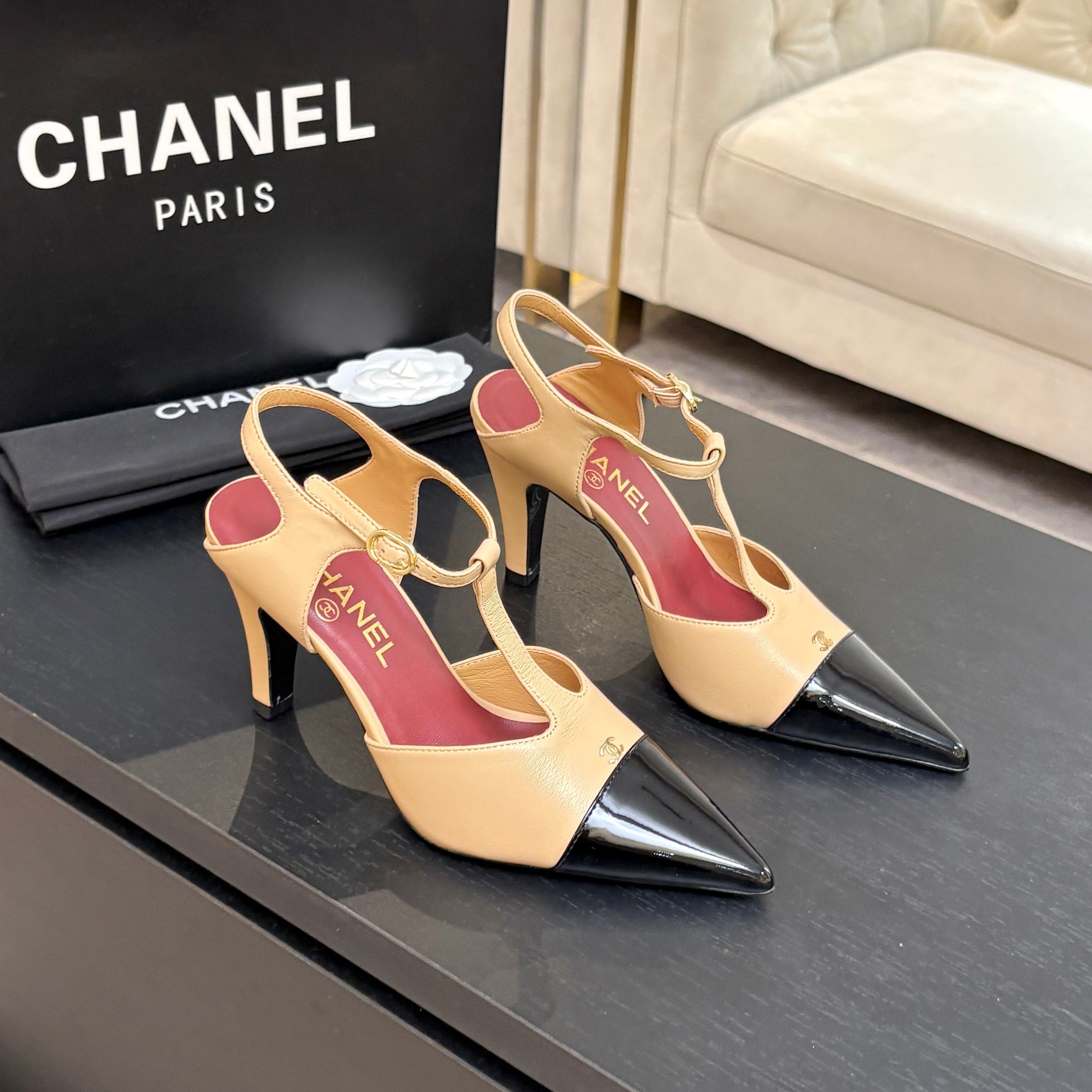 Chanel Peach Cap-Toe T-Strap Pumps