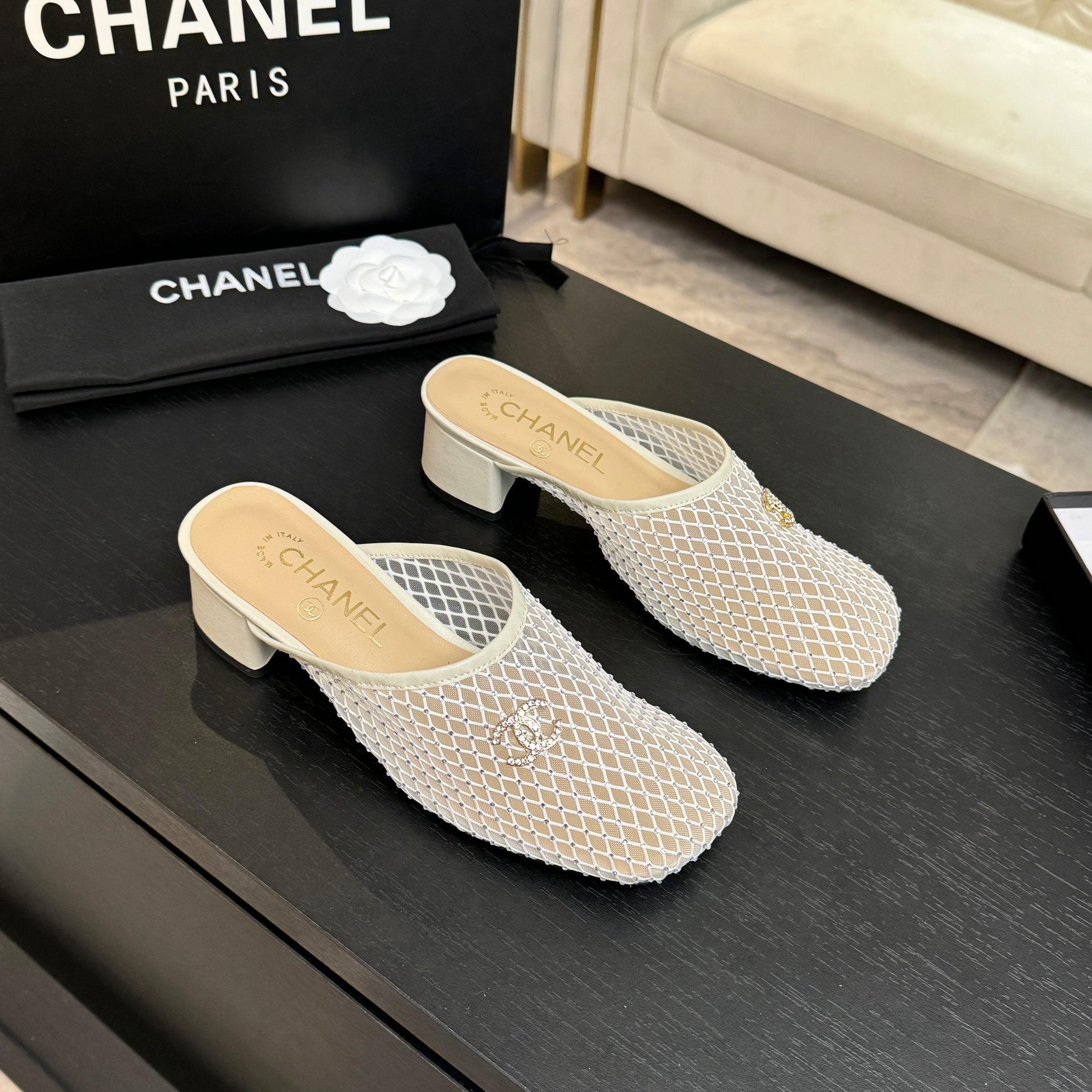 Chanel White Mesh Mules