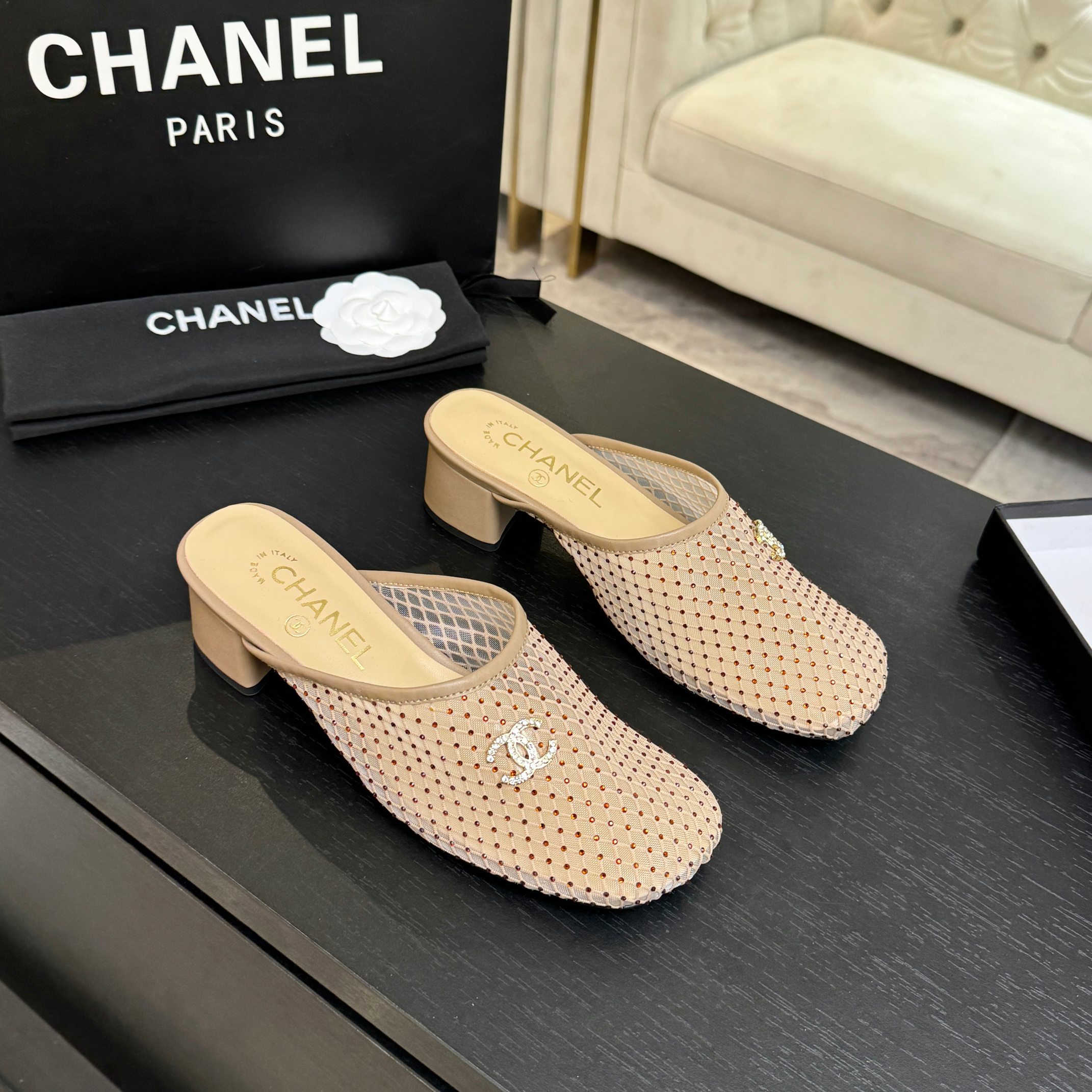 Chanel Beige Perforated Mules