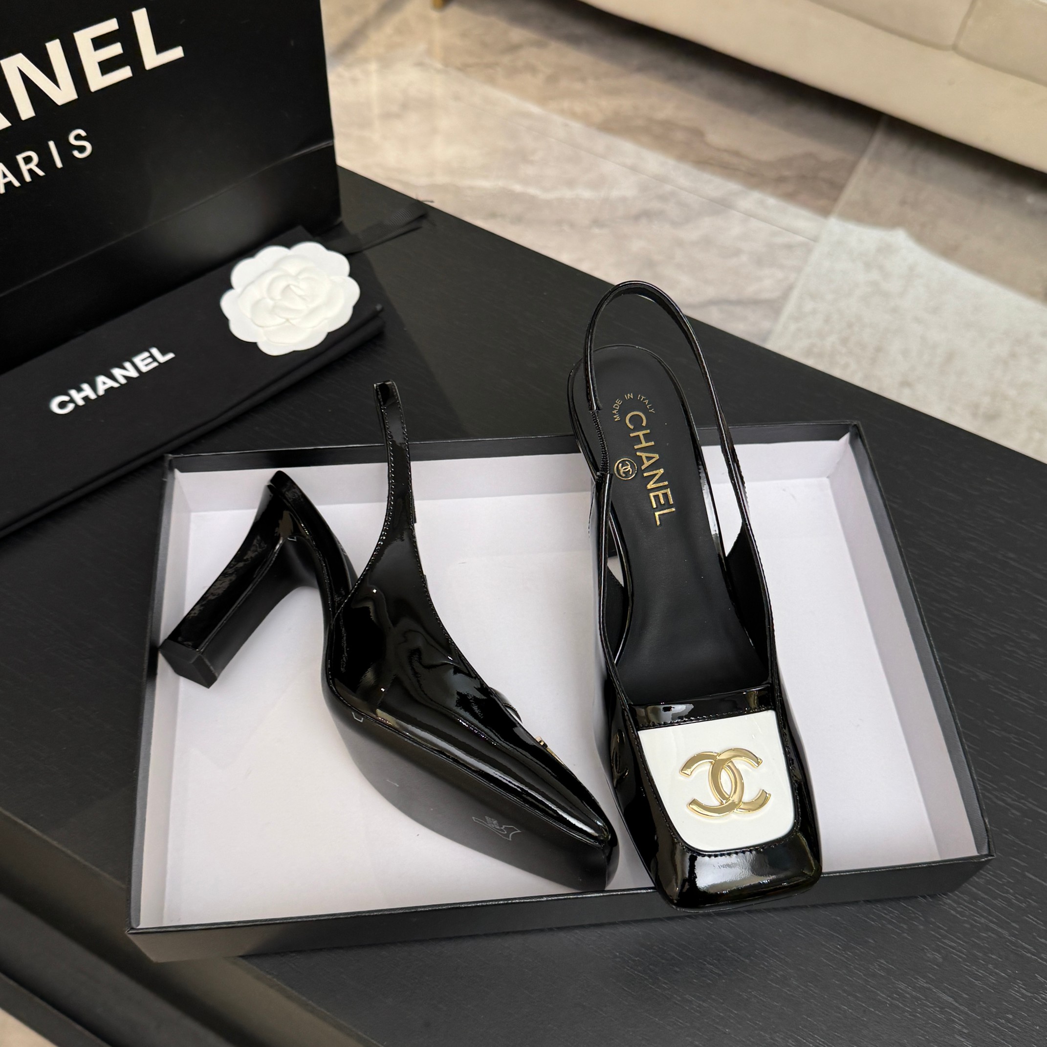 Chanel Black Logo Slingback Pumps