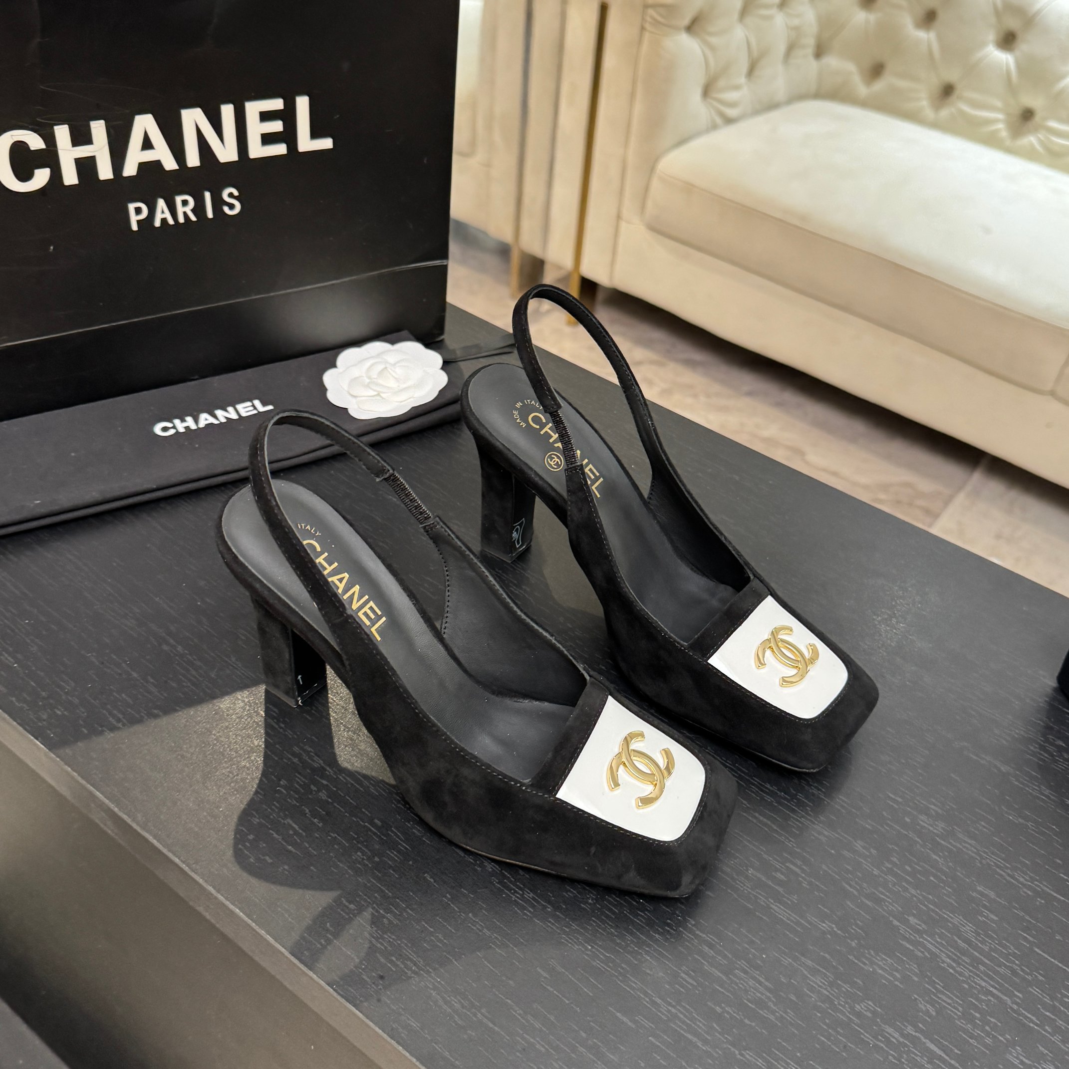 Chanel Black Square-Toe Slingback Pumps
