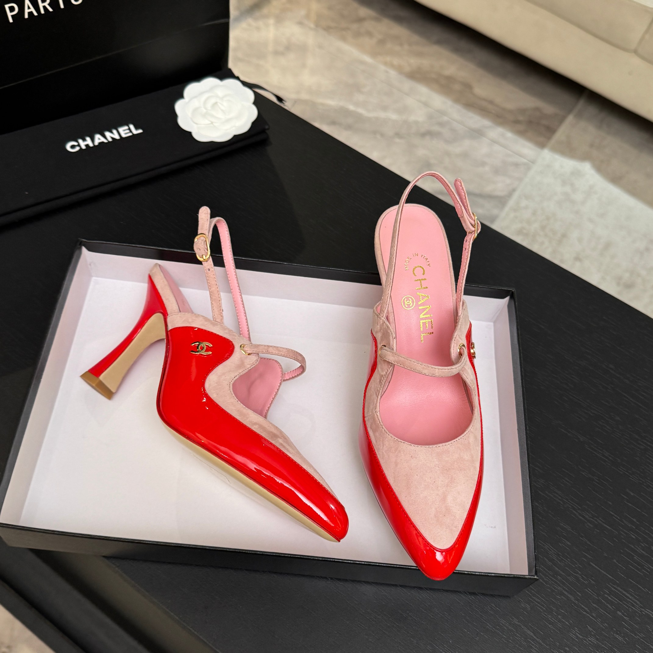 Chanel Red Pink Pointed Slingback Pumps