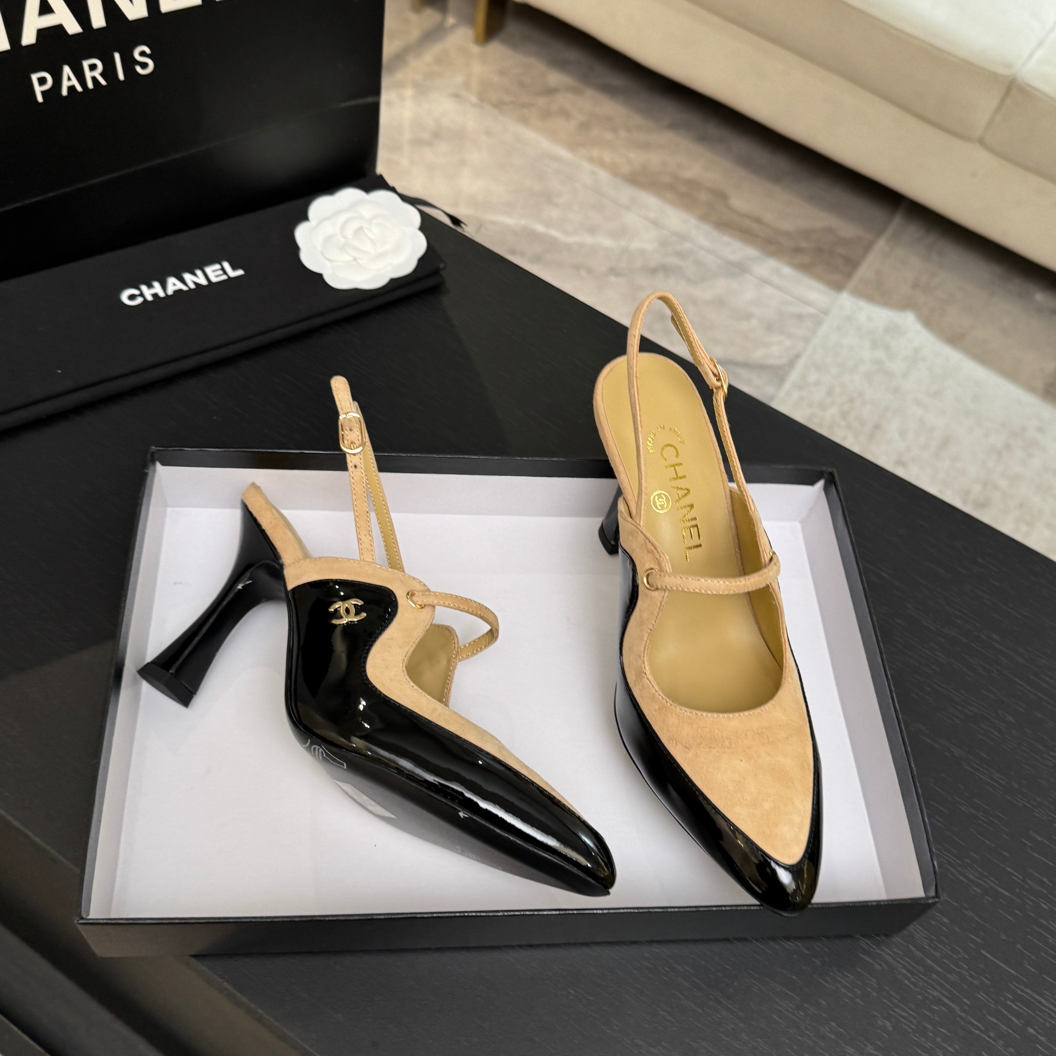 Chanel Beige Black Pointed Slingback Pumps