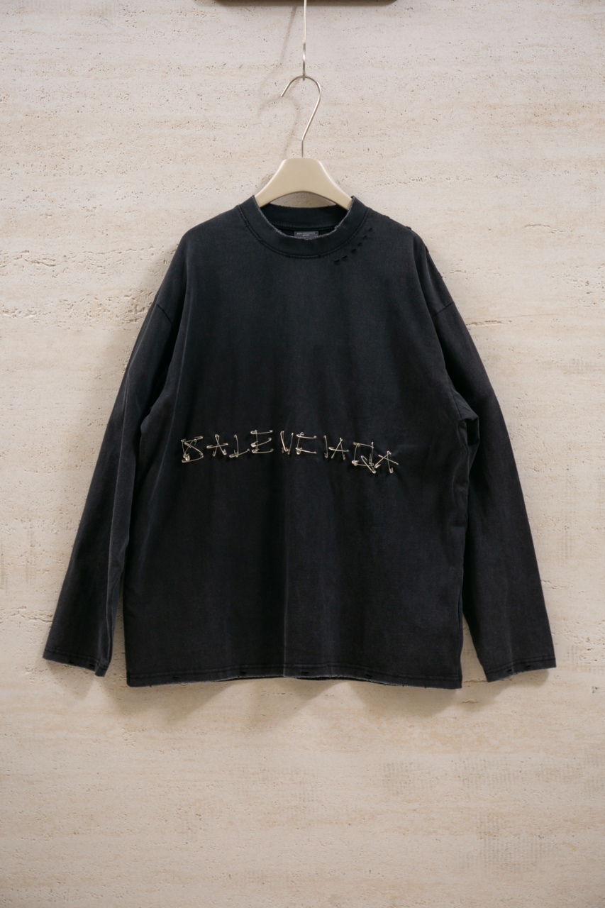 Balenciaga Black Distressed Logo Long Sleeve T-Shirt with Safety Pins 1 windows1756825770544 384880433378138724