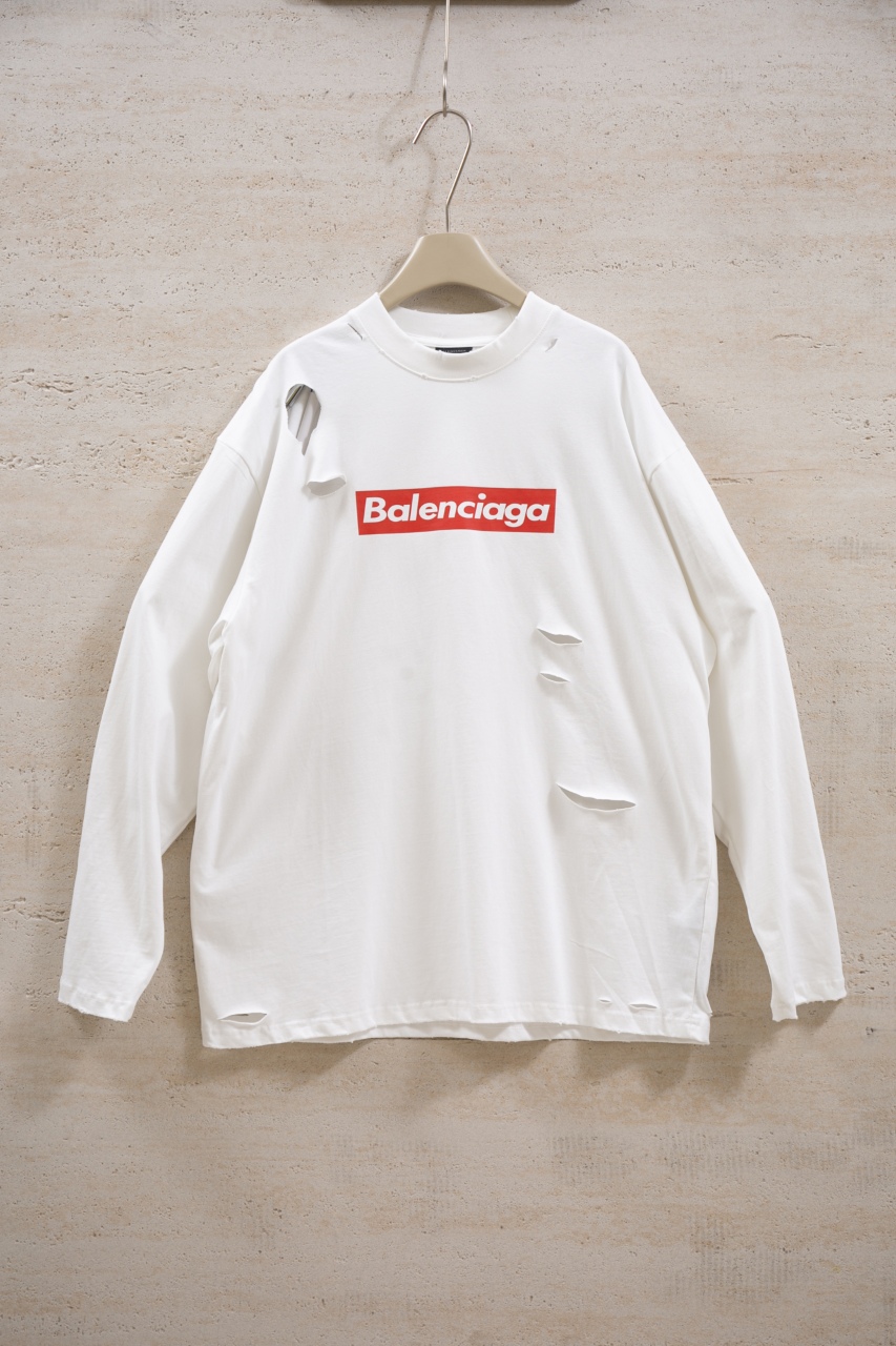 Balenciaga White Long Sleeve Distressed T-Shirt with Logo 2 windows1756825789159 7531239981862688508