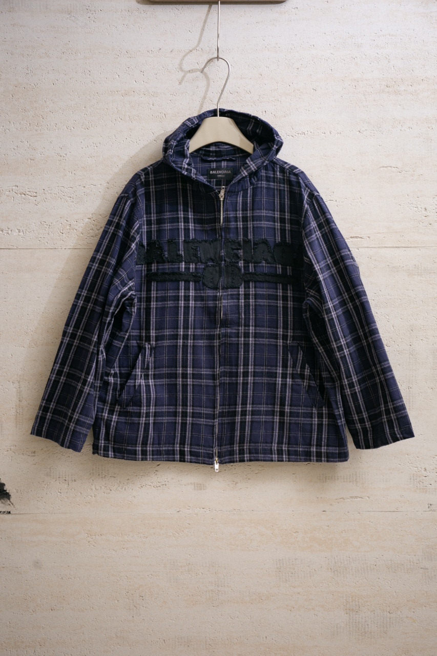Balenciaga Plaid Zip-Up Hoodie - Dark Blue Checkered Cotton Blend Jacket