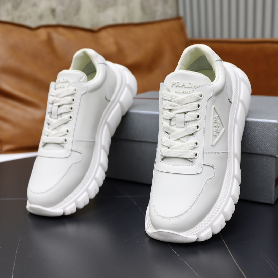Prada Men's White Leather Lace-Up Sneakers Comfortable, Lightweight Shoes 8 i1723046658 2894 7